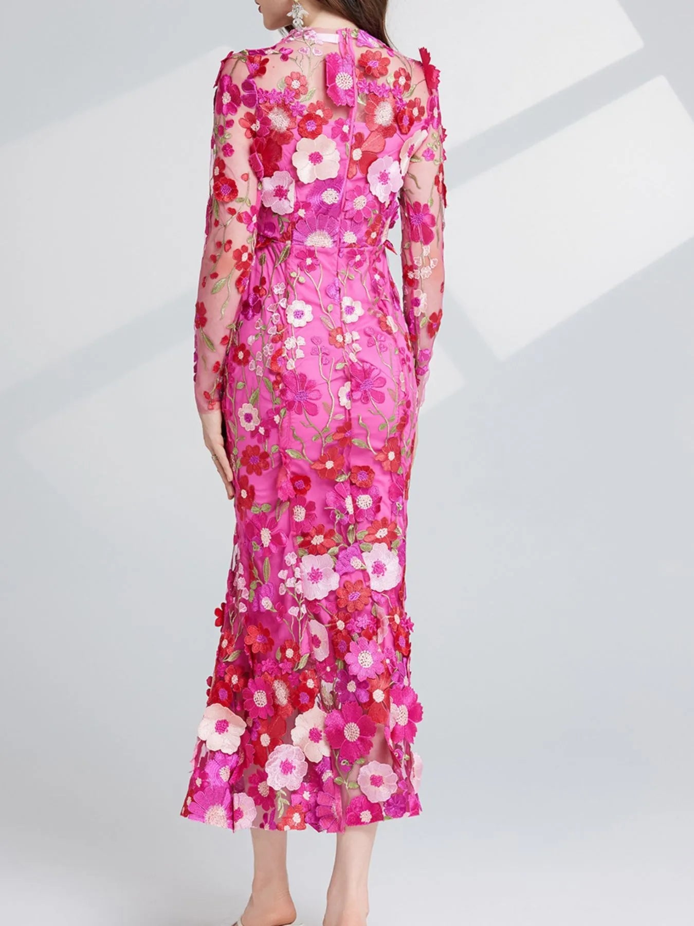 Floral Embroidered Mesh Long Sleeve Midi Dress - MAD RUFFI