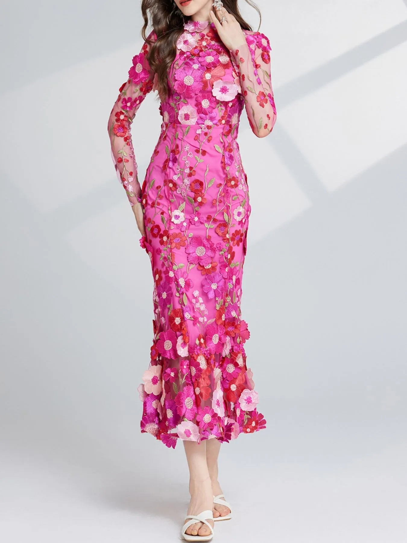 Floral Embroidered Mesh Long Sleeve Midi Dress - MAD RUFFI