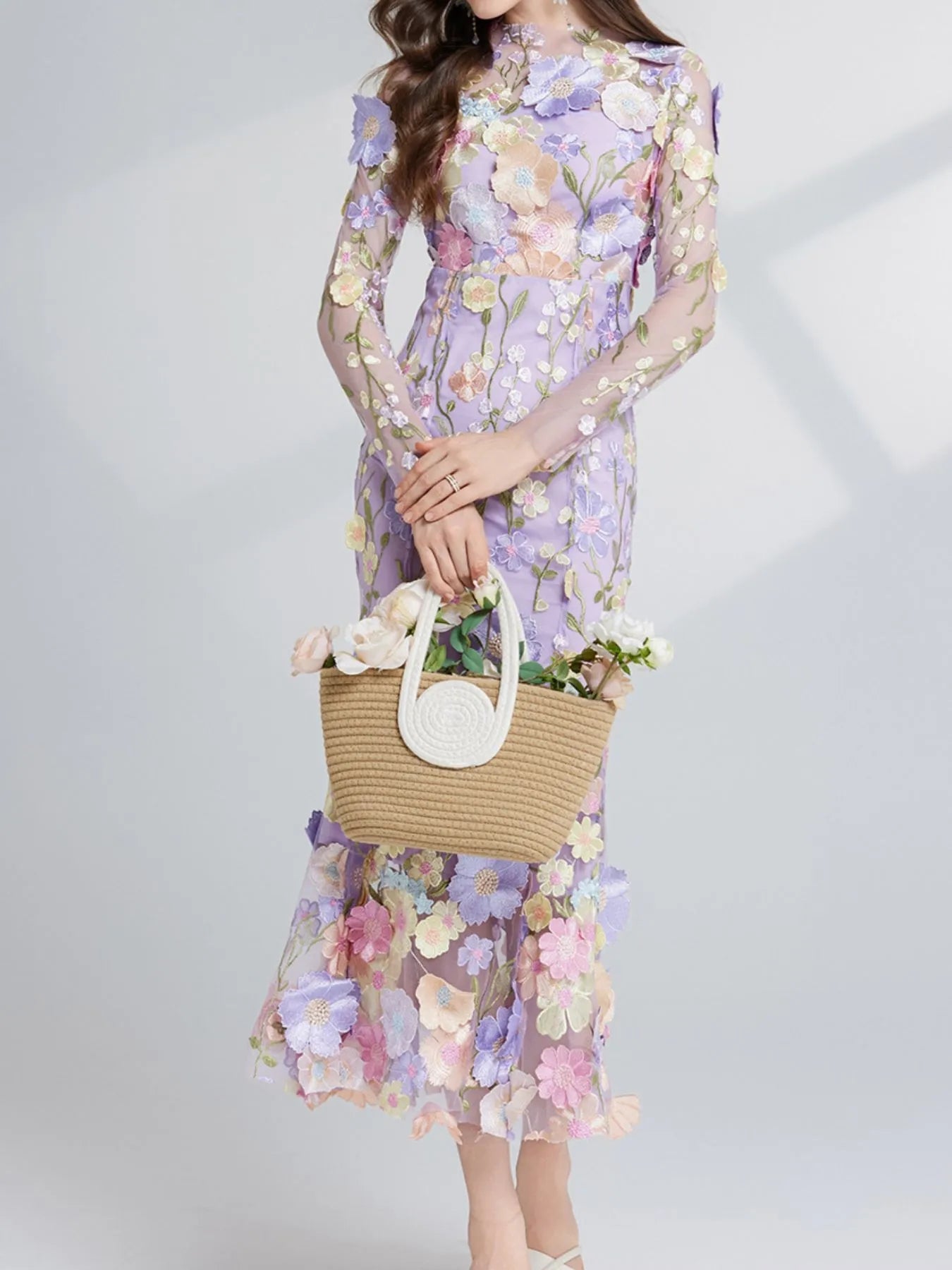 Floral Embroidered Mesh Long Sleeve Midi Dress - MAD RUFFI
