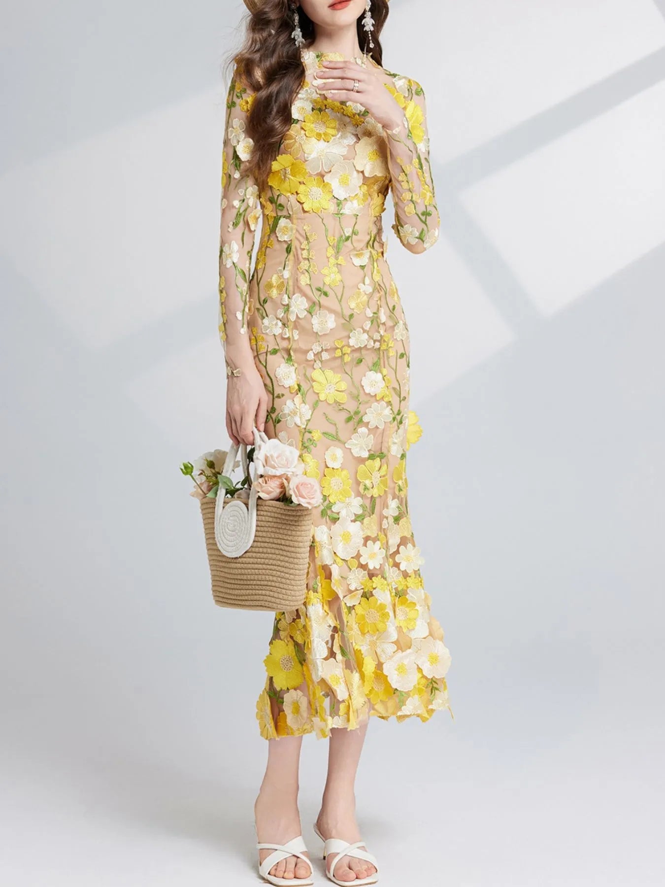 Floral Embroidered Mesh Long Sleeve Midi Dress - MAD RUFFI