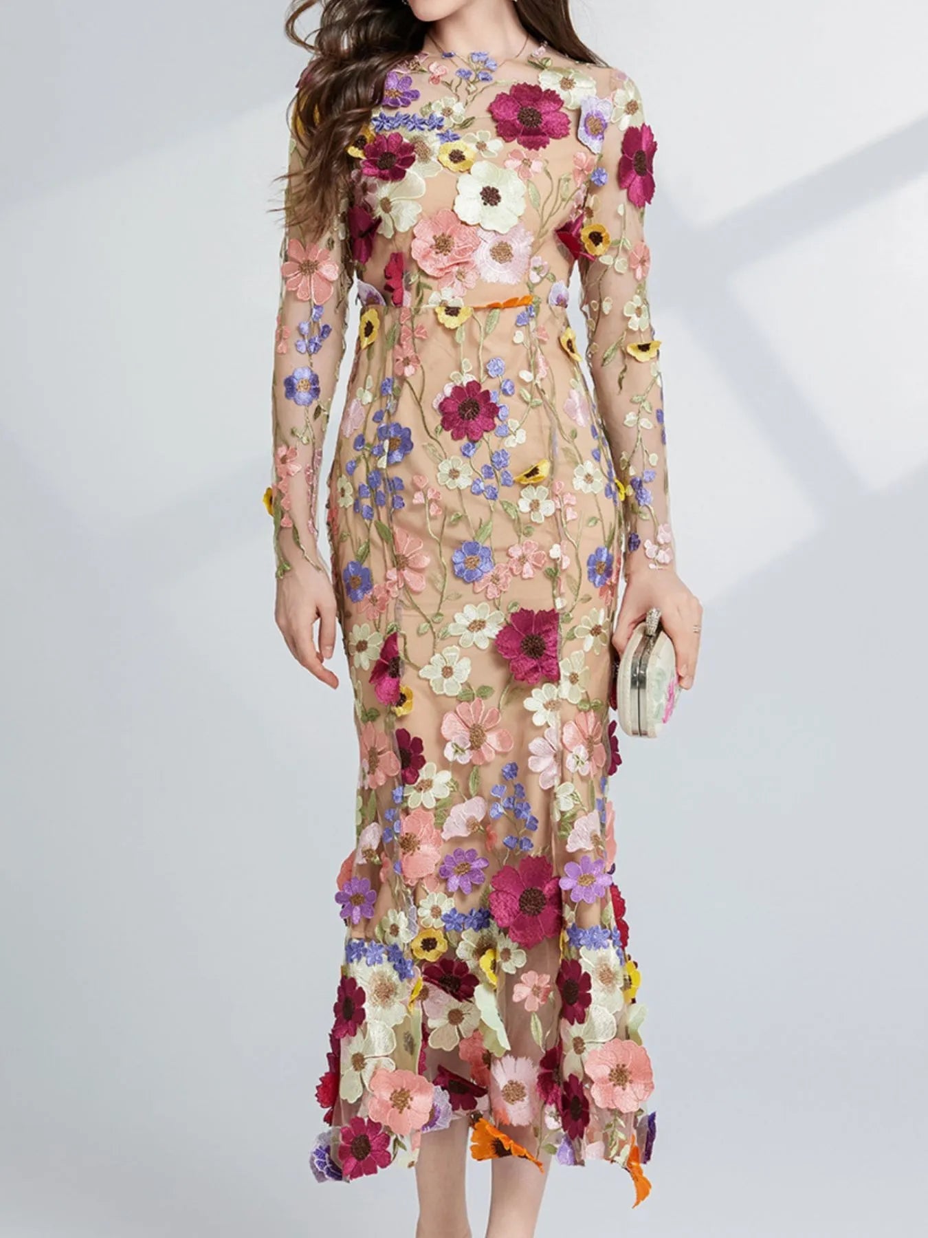 Floral Embroidered Mesh Long Sleeve Midi Dress - MAD RUFFI
