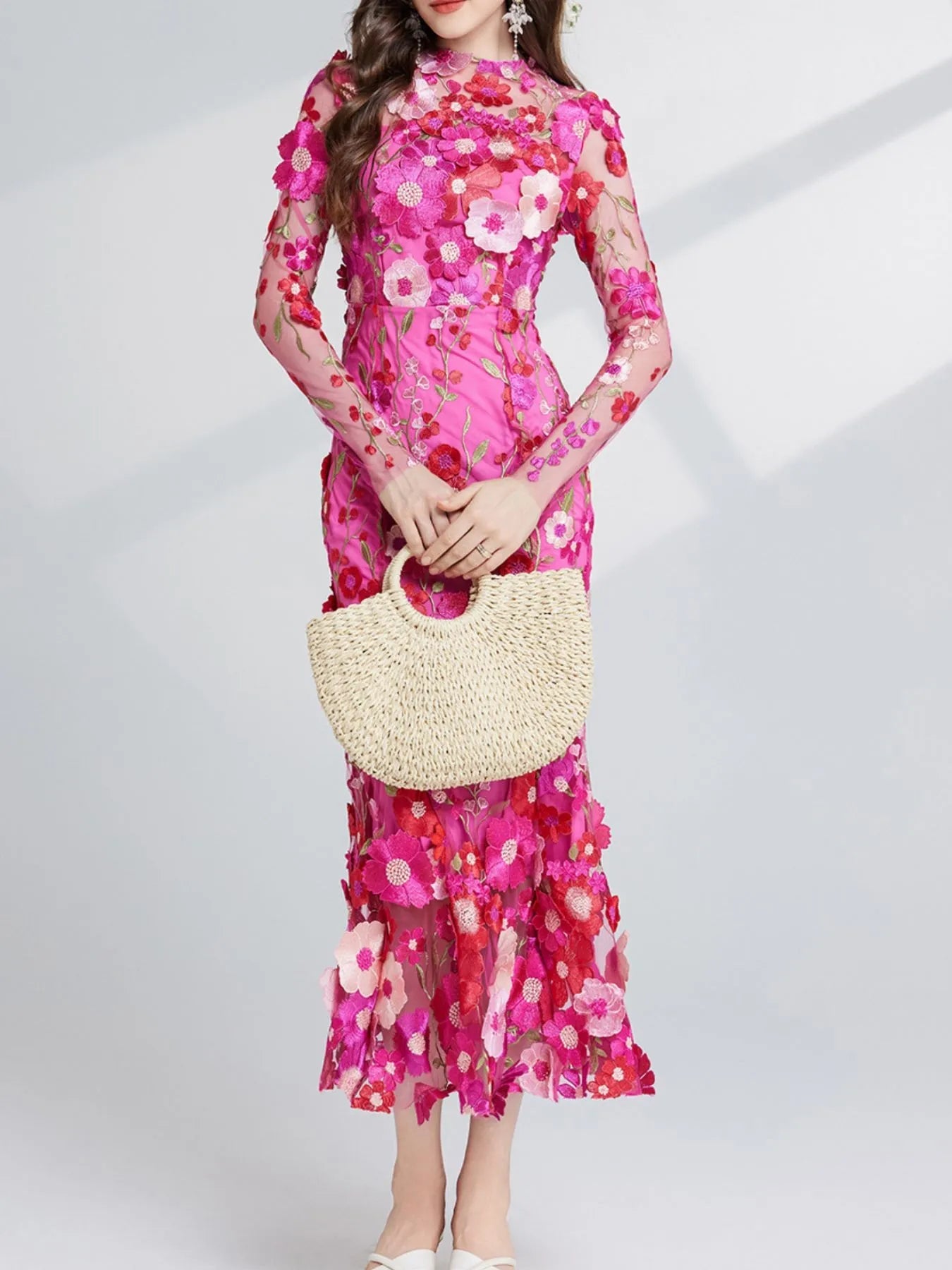 Floral Embroidered Mesh Long Sleeve Midi Dress - MAD RUFFI