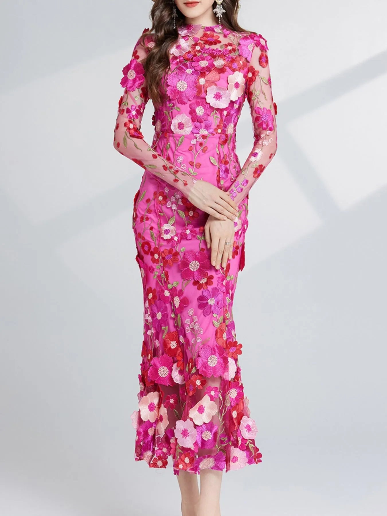 Floral Embroidered Mesh Long Sleeve Midi Dress - MAD RUFFI