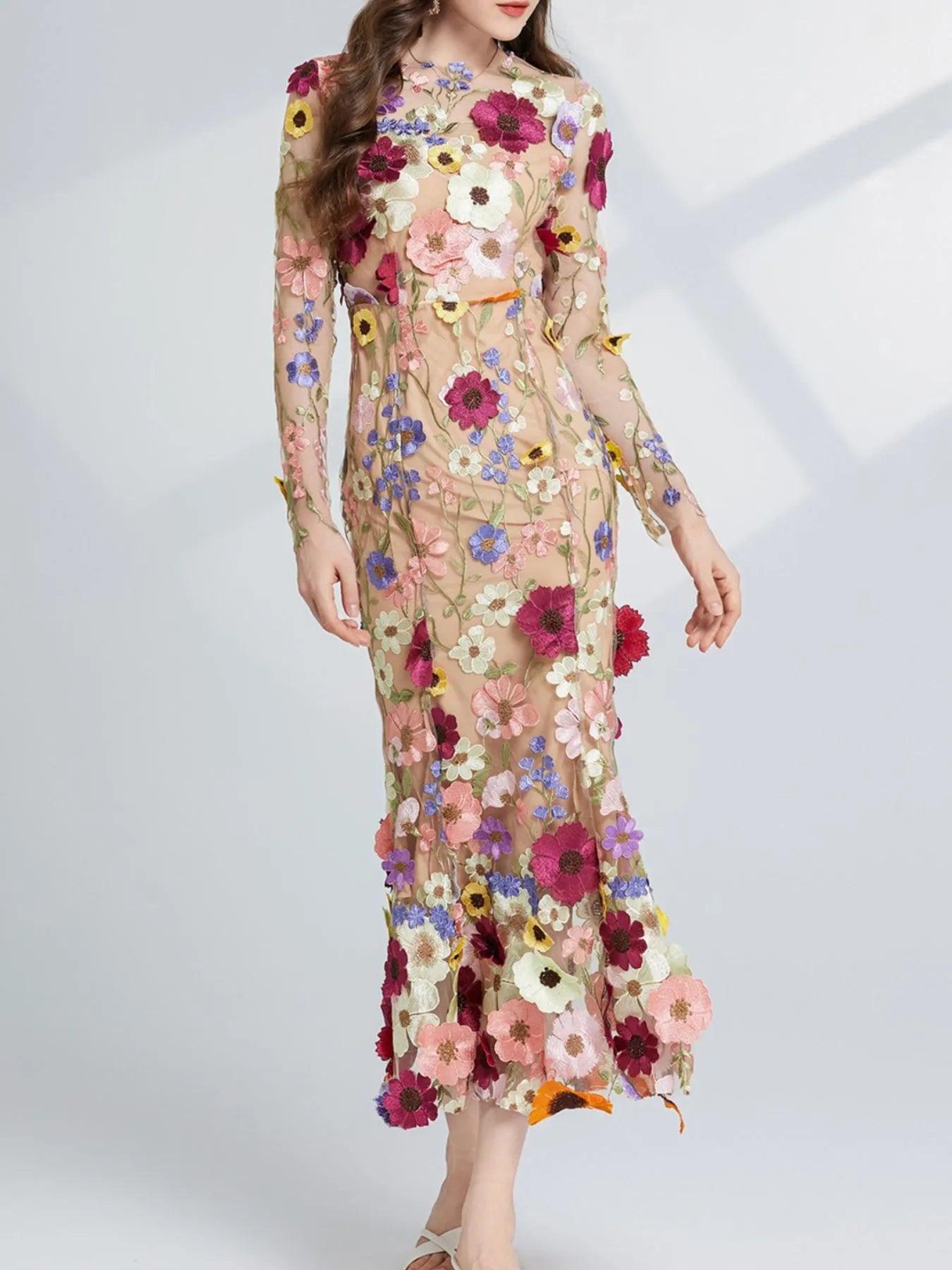 Floral Embroidered Mesh Long Sleeve Midi Dress - MAD RUFFI
