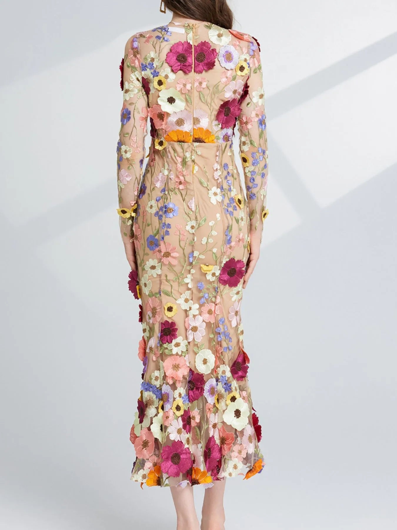 Floral Embroidered Mesh Long Sleeve Midi Dress - MAD RUFFI