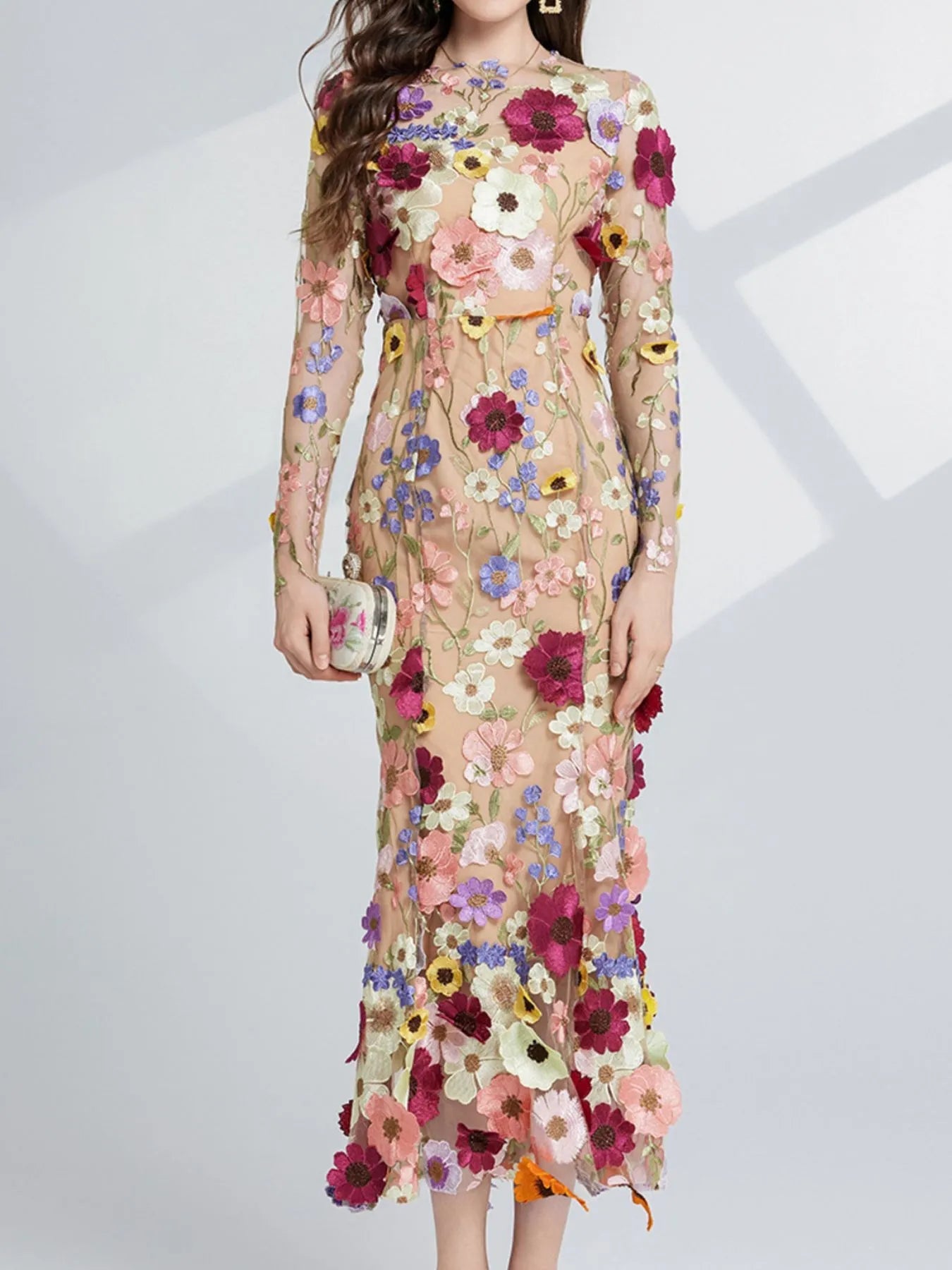 Floral Embroidered Mesh Long Sleeve Midi Dress - MAD RUFFI