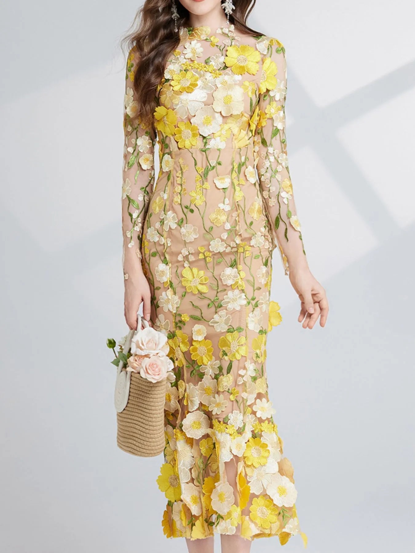 Floral Embroidered Mesh Long Sleeve Midi Dress - MAD RUFFI