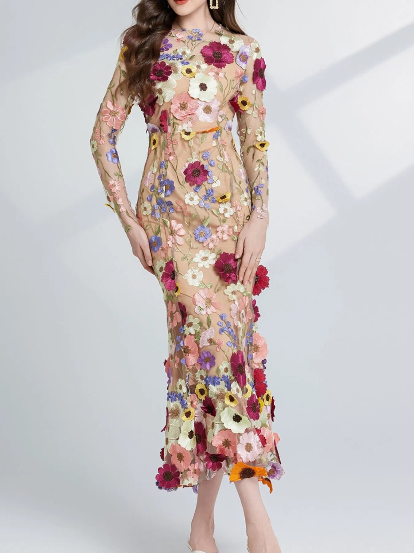 Floral Embroidered Mesh Long Sleeve Midi Dress - MAD RUFFI