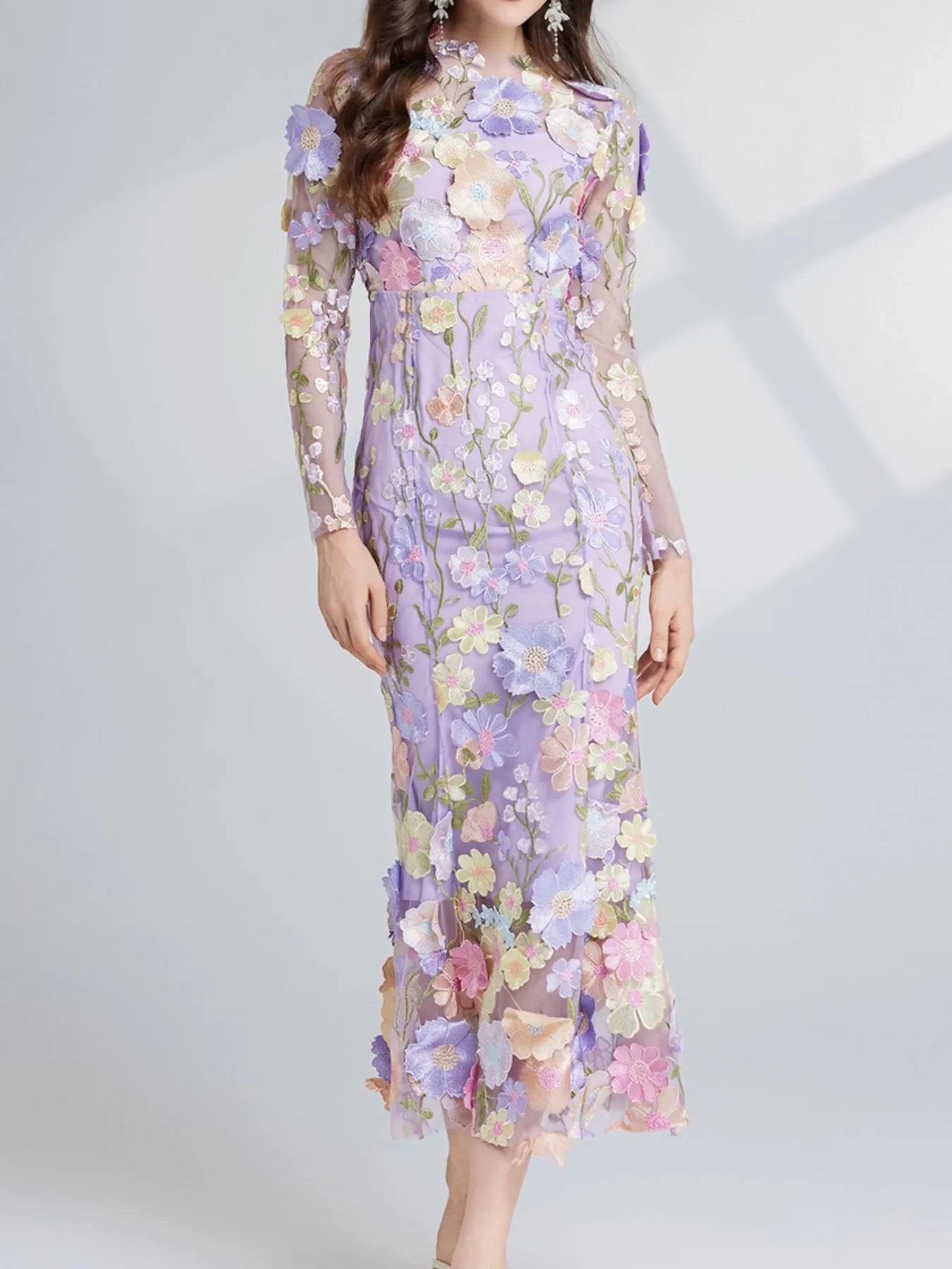 Floral Embroidered Mesh Long Sleeve Midi Dress - MAD RUFFI