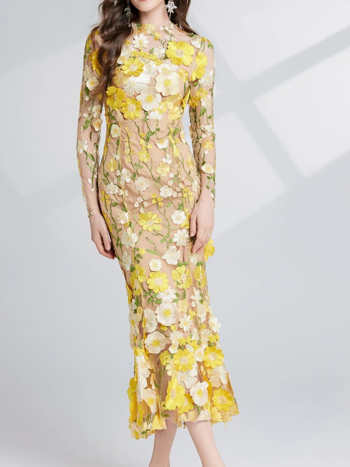 Floral Embroidered Mesh Long Sleeve Midi Dress - MAD RUFFI