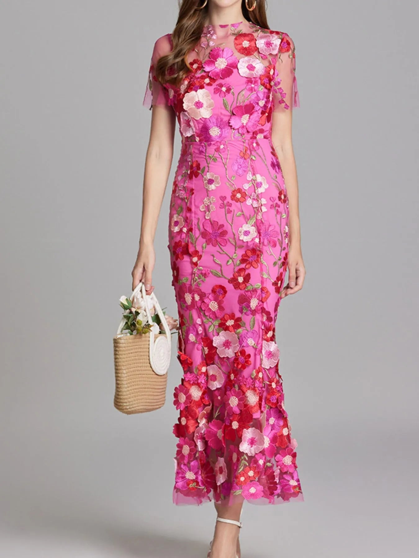 Floral Embroidered Mesh Overlay Maxi Dress - MAD RUFFI