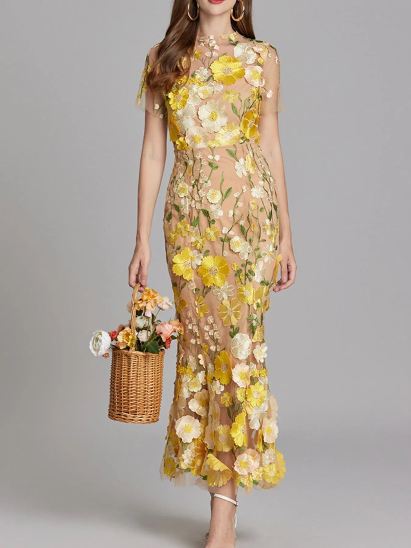 Floral Embroidered Mesh Overlay Maxi Dress - MAD RUFFI