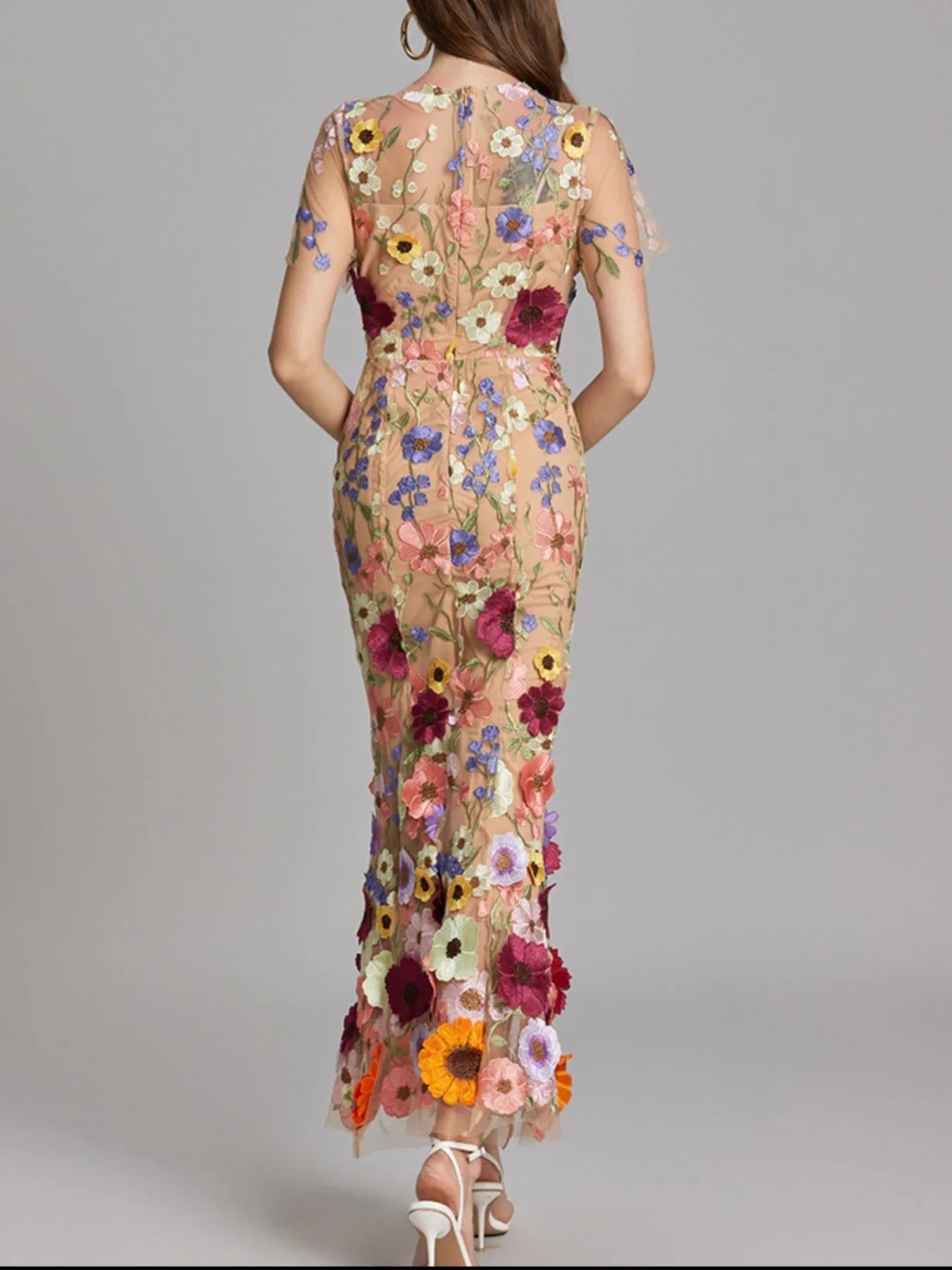 Floral Embroidered Mesh Overlay Maxi Dress - MAD RUFFI