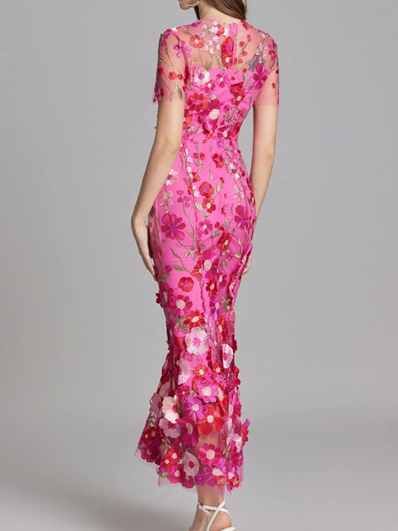 Floral Embroidered Mesh Overlay Maxi Dress - MAD RUFFI