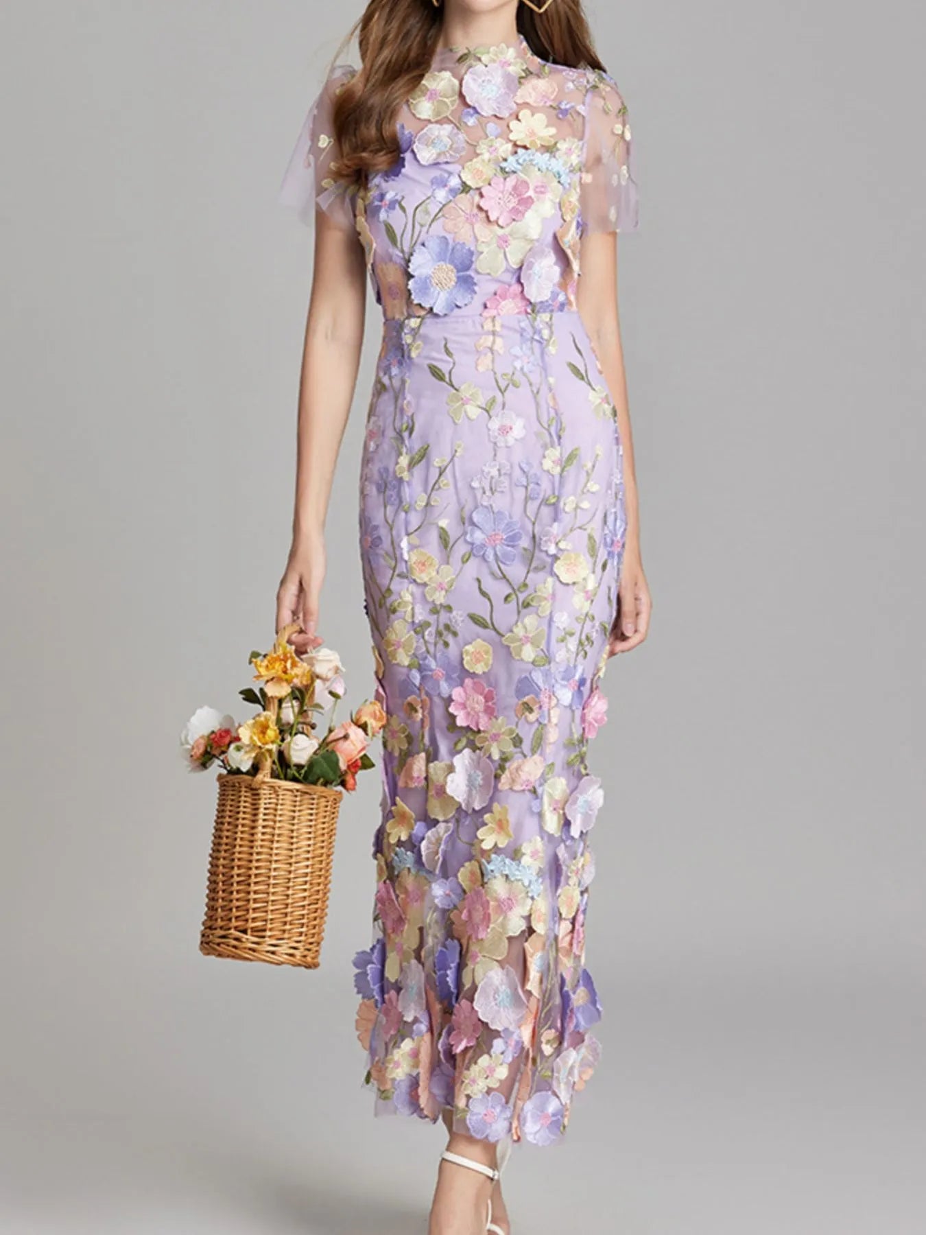 Floral Embroidered Mesh Overlay Maxi Dress - MAD RUFFI