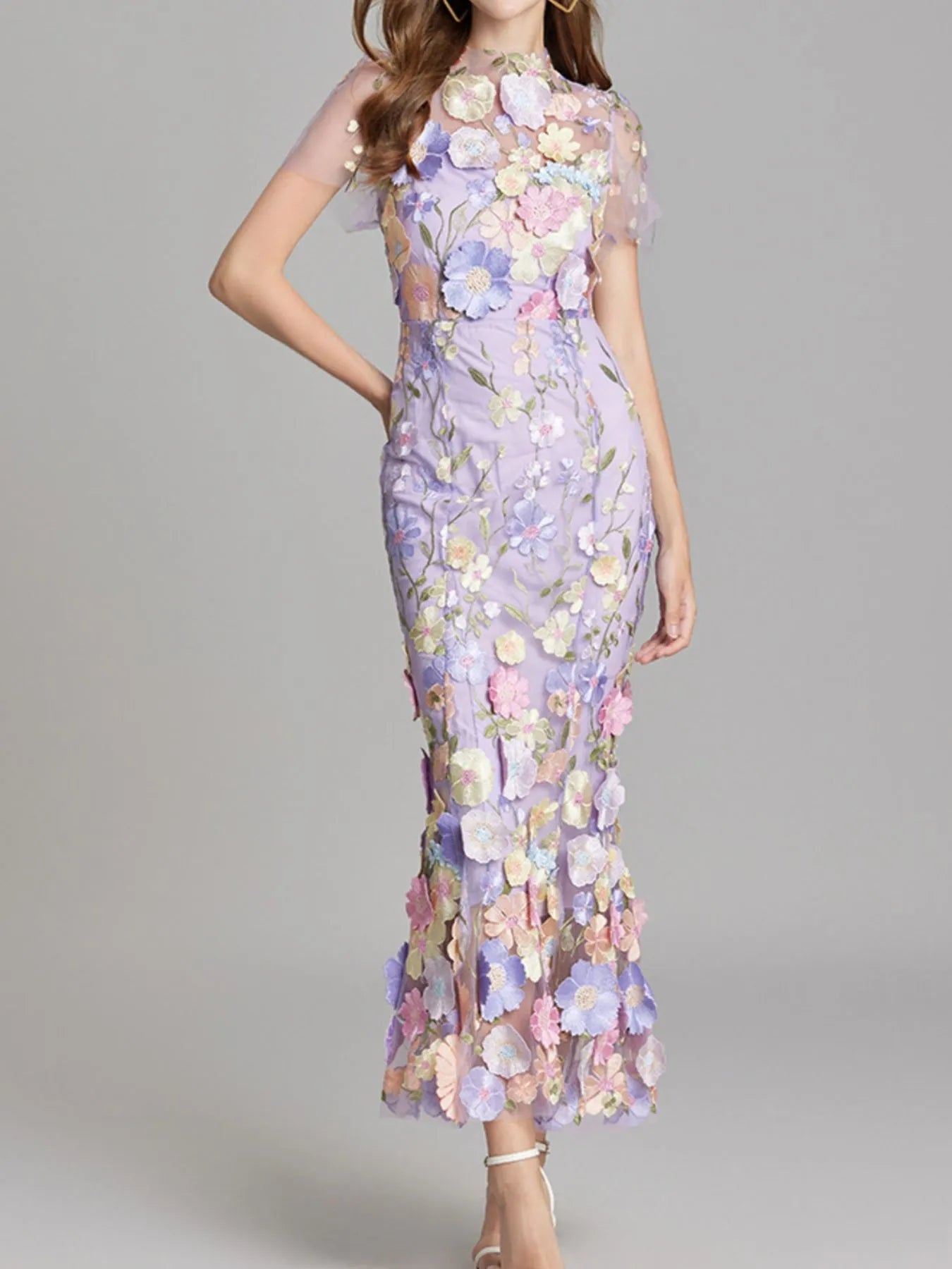 Floral Embroidered Mesh Overlay Maxi Dress - MAD RUFFI