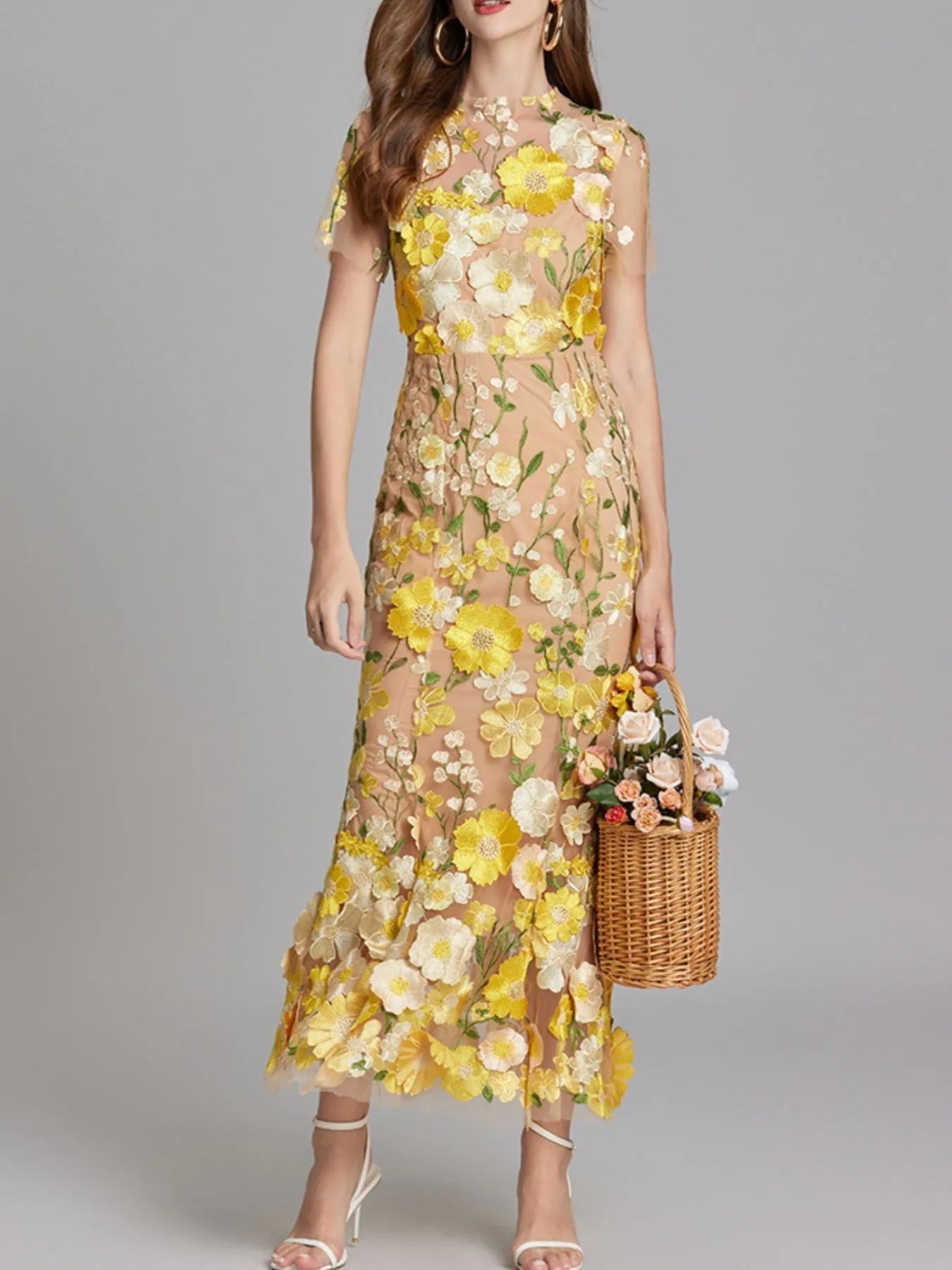 Floral Embroidered Mesh Overlay Maxi Dress - MAD RUFFI