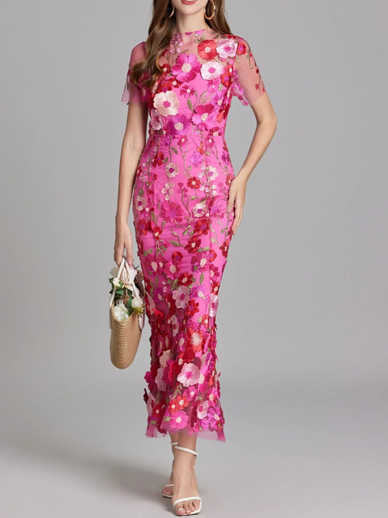Floral Embroidered Mesh Overlay Maxi Dress - MAD RUFFI