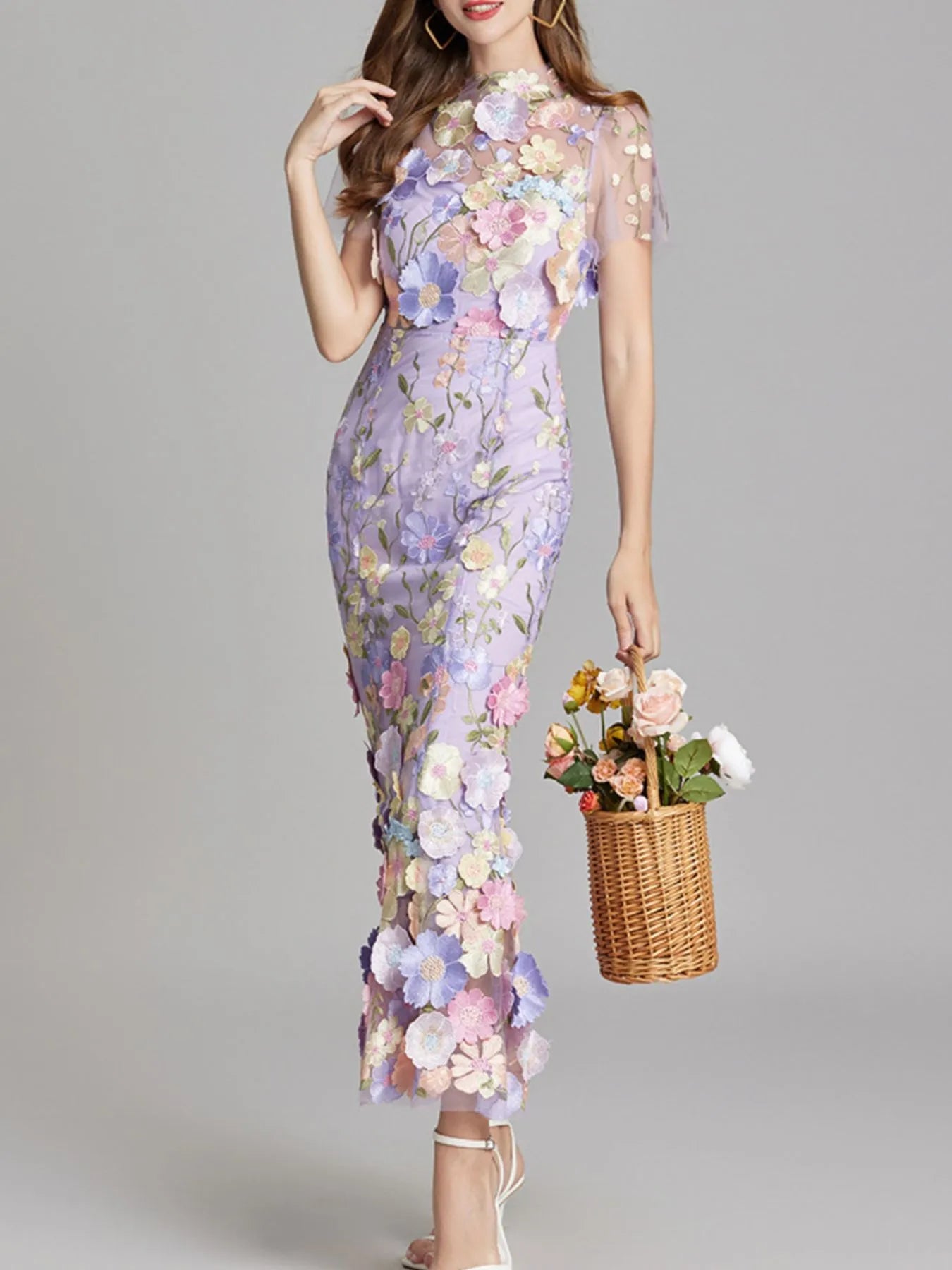 Floral Embroidered Mesh Overlay Maxi Dress - MAD RUFFI