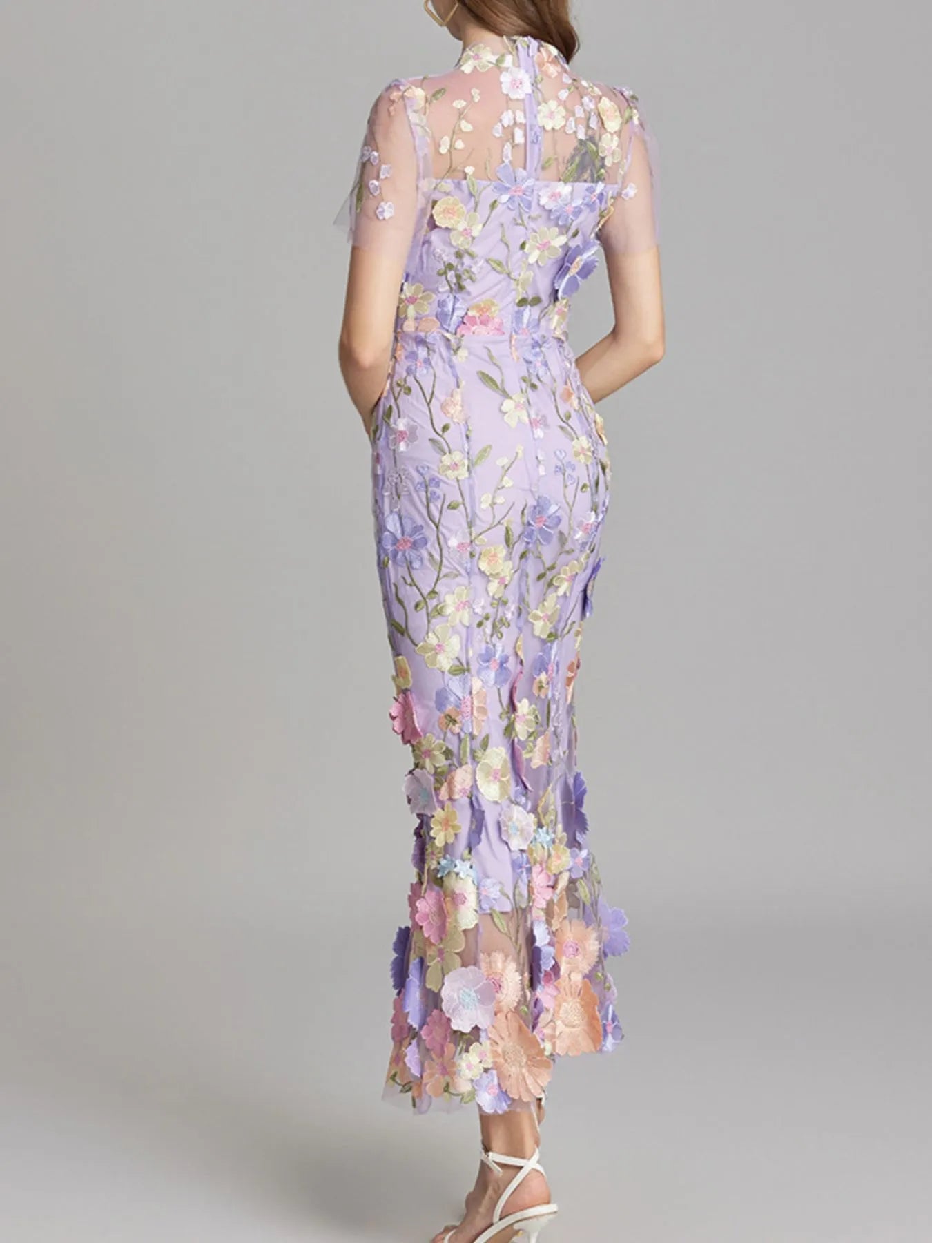Floral Embroidered Mesh Overlay Maxi Dress - MAD RUFFI