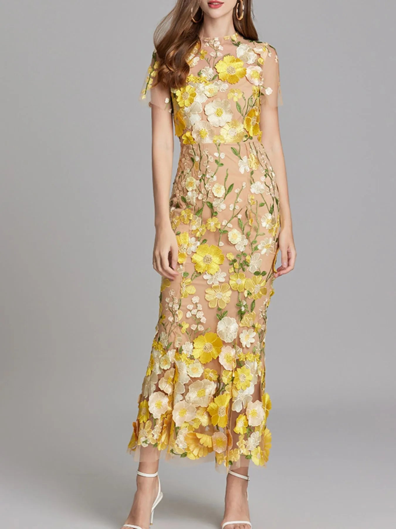 Floral Embroidered Mesh Overlay Maxi Dress - MAD RUFFI