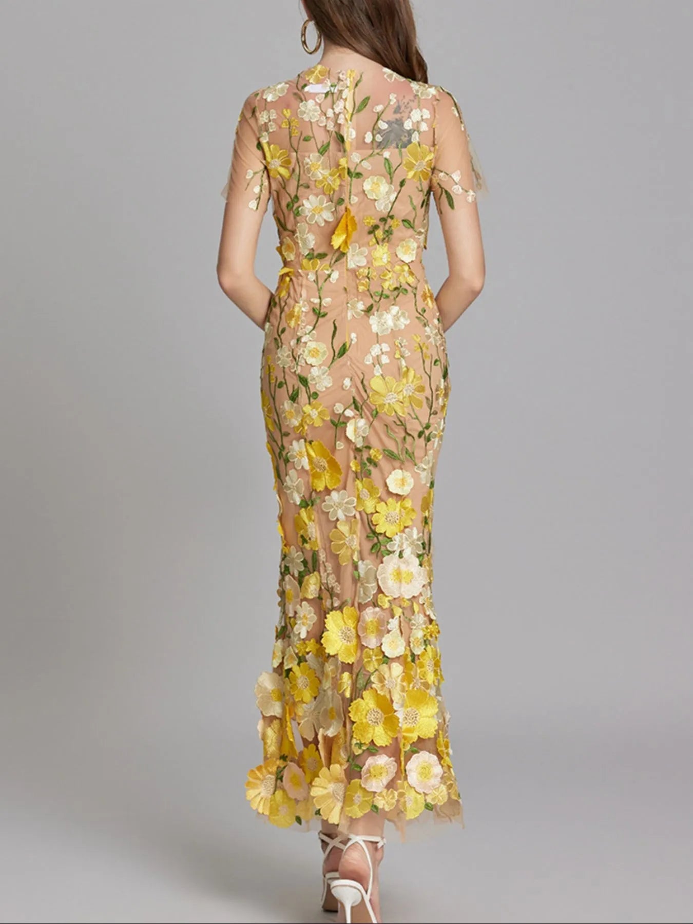 Floral Embroidered Mesh Overlay Maxi Dress - MAD RUFFI