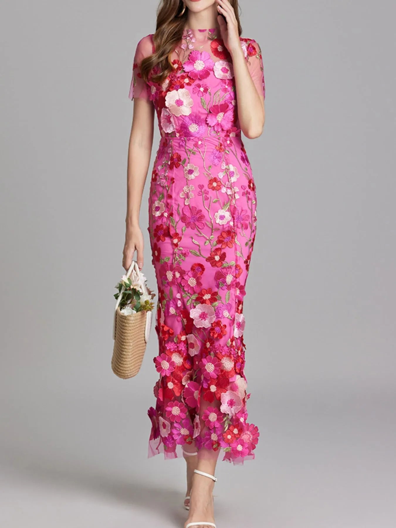 Floral Embroidered Mesh Overlay Maxi Dress - MAD RUFFI