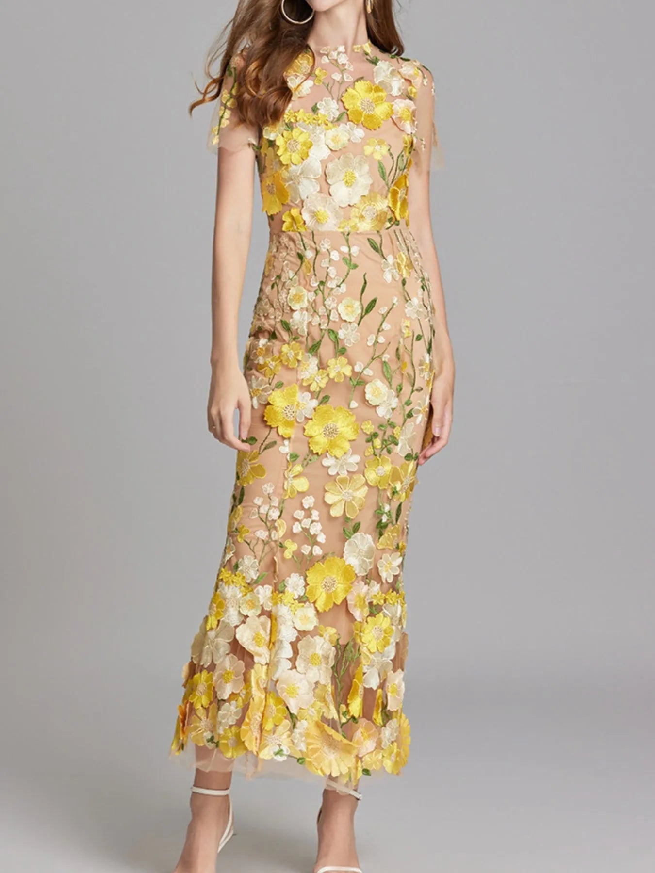 Floral Embroidered Mesh Overlay Maxi Dress - MAD RUFFI