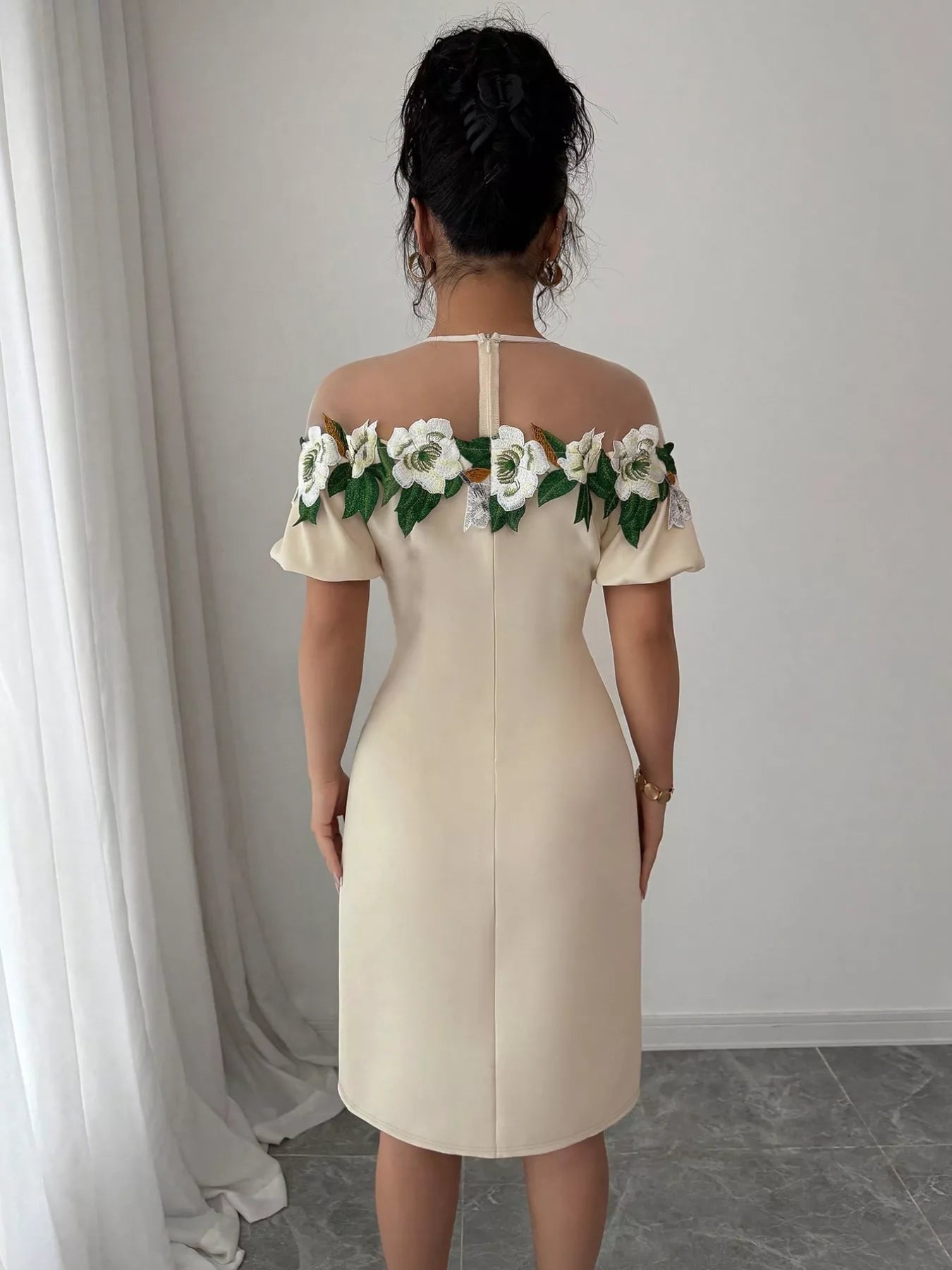 Floral Embroidered Puff Sleeve Dress with Mesh Shoulder - MAD RUFFI