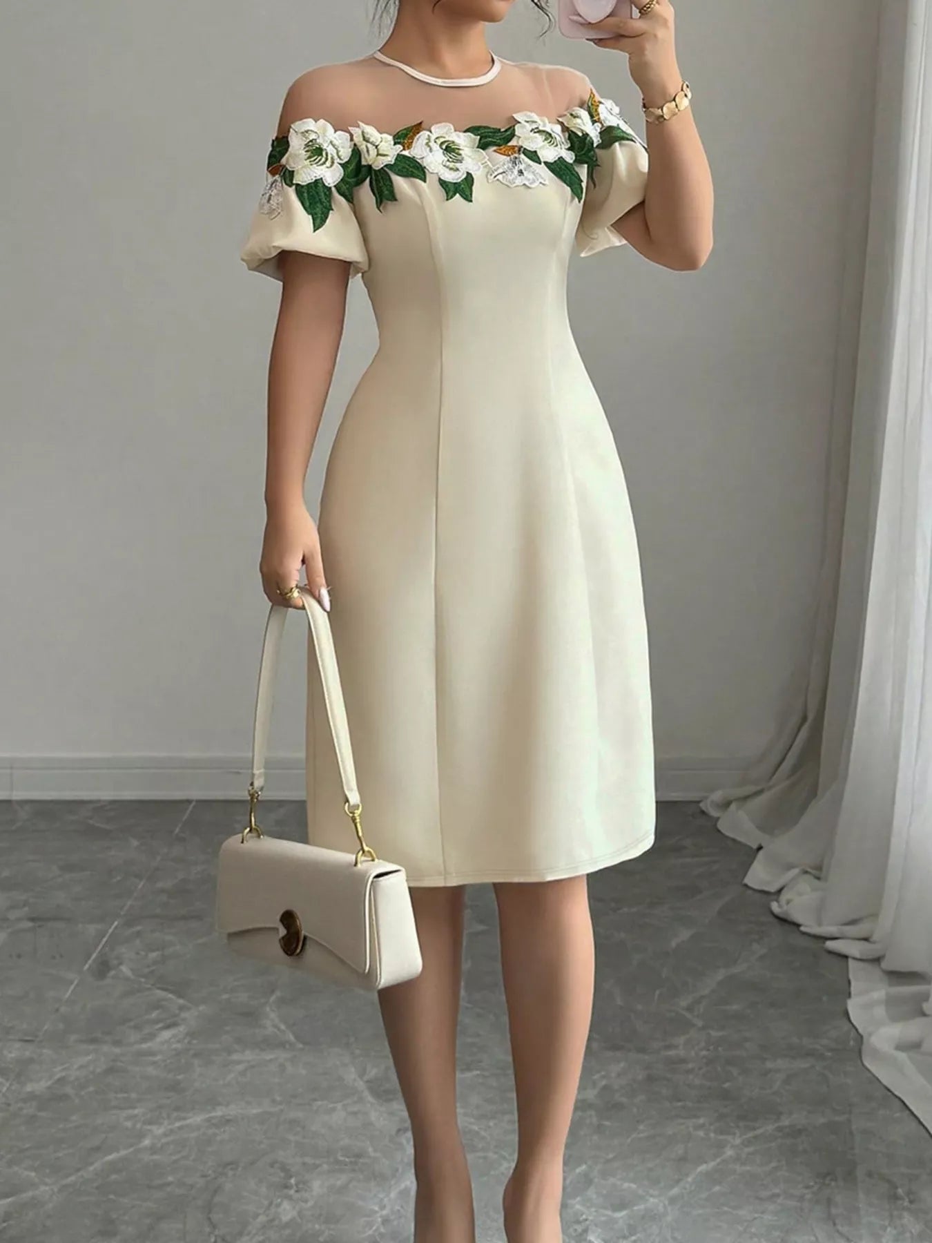 Floral Embroidered Puff Sleeve Dress with Mesh Shoulder - MAD RUFFI