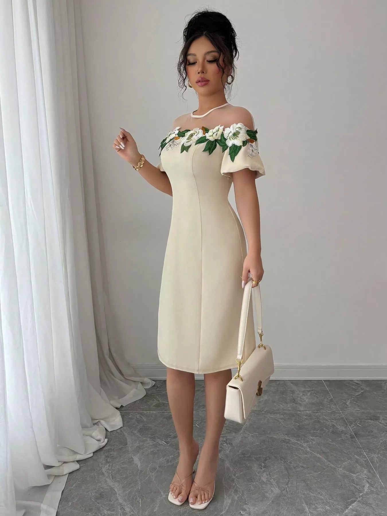 Floral Embroidered Puff Sleeve Dress with Mesh Shoulder - MAD RUFFI