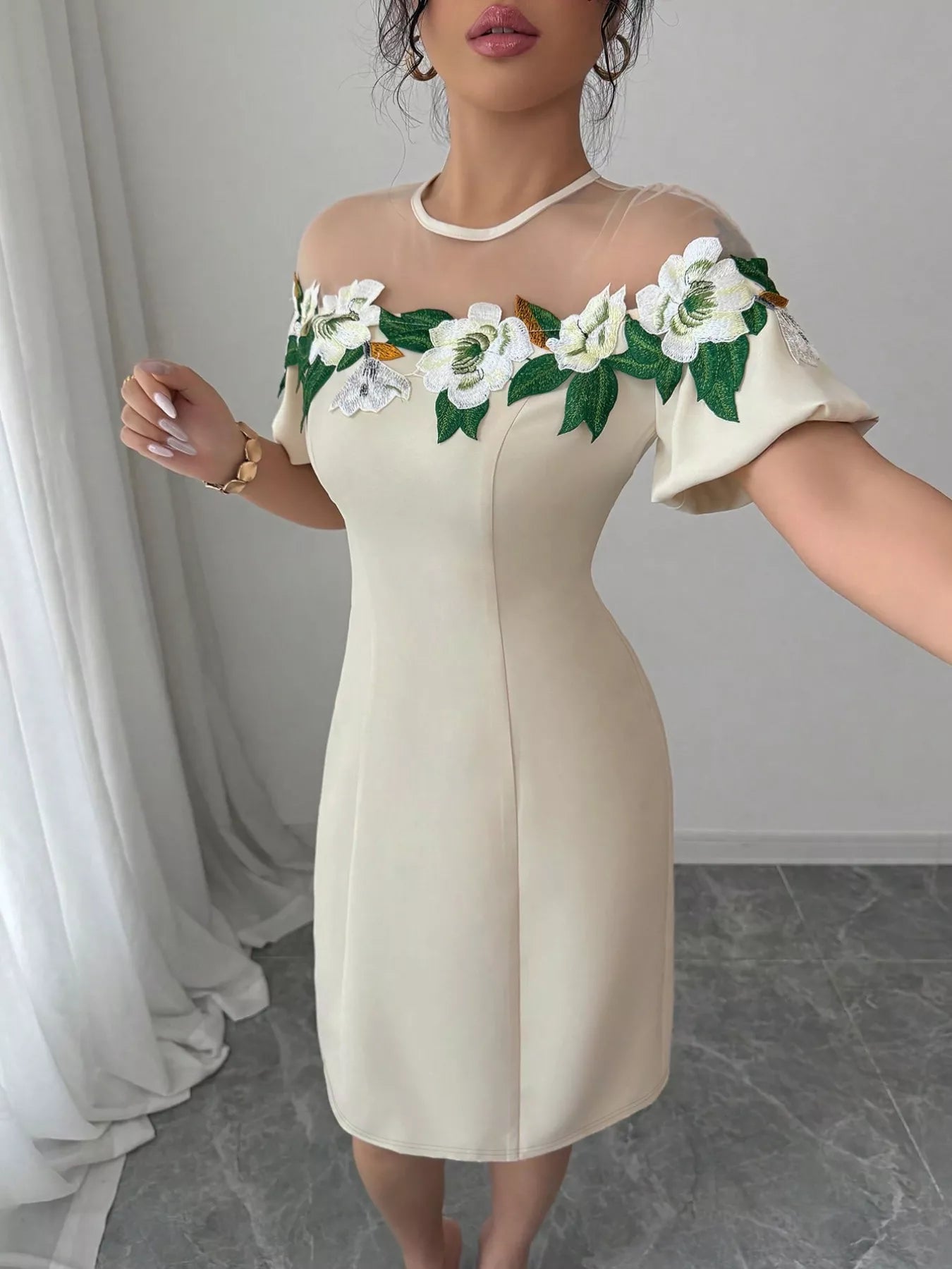 Floral Embroidered Puff Sleeve Dress with Mesh Shoulder - MAD RUFFI