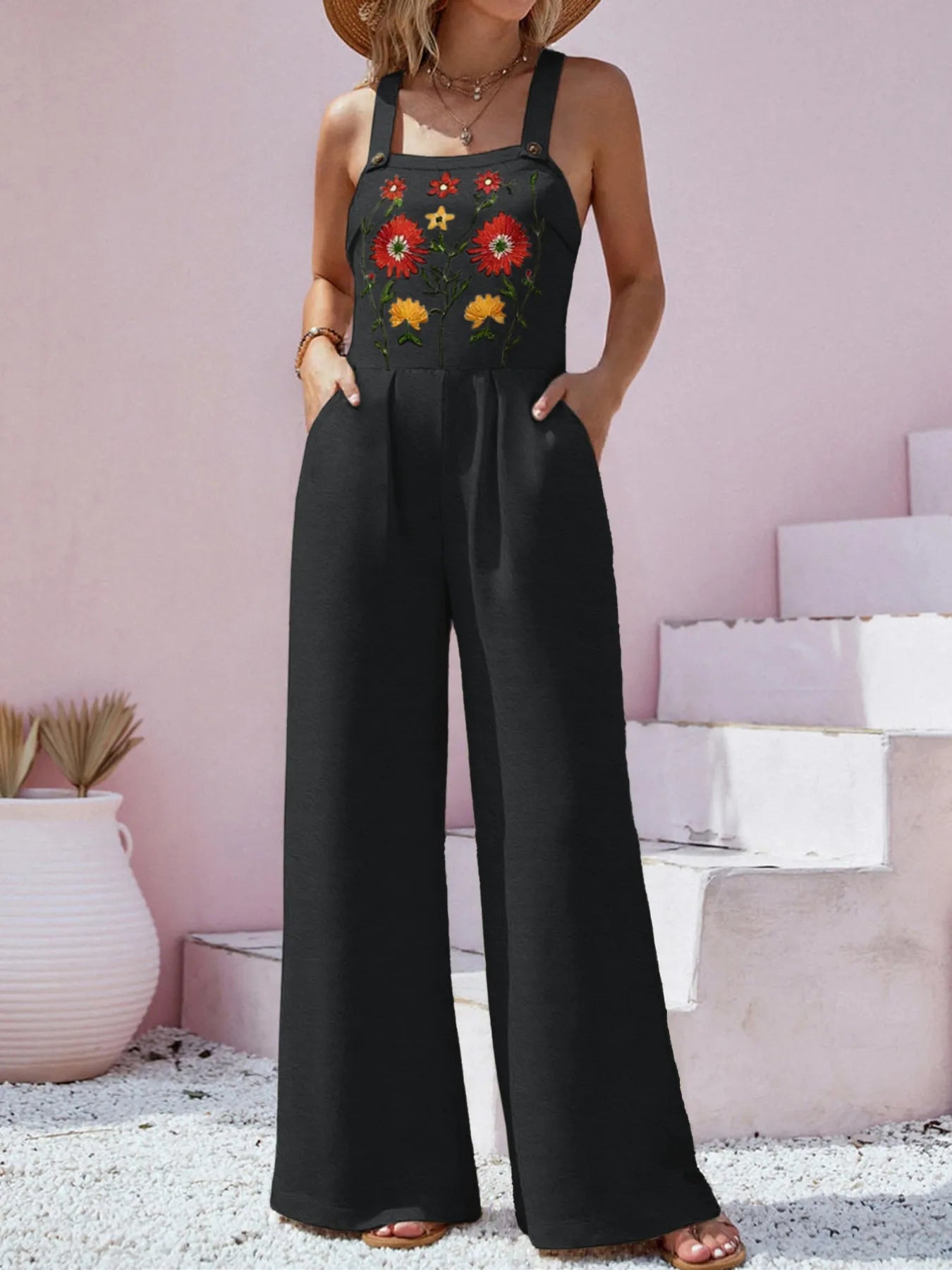 Floral Embroidered Wide Leg Jumpsuit - MAD RUFFI