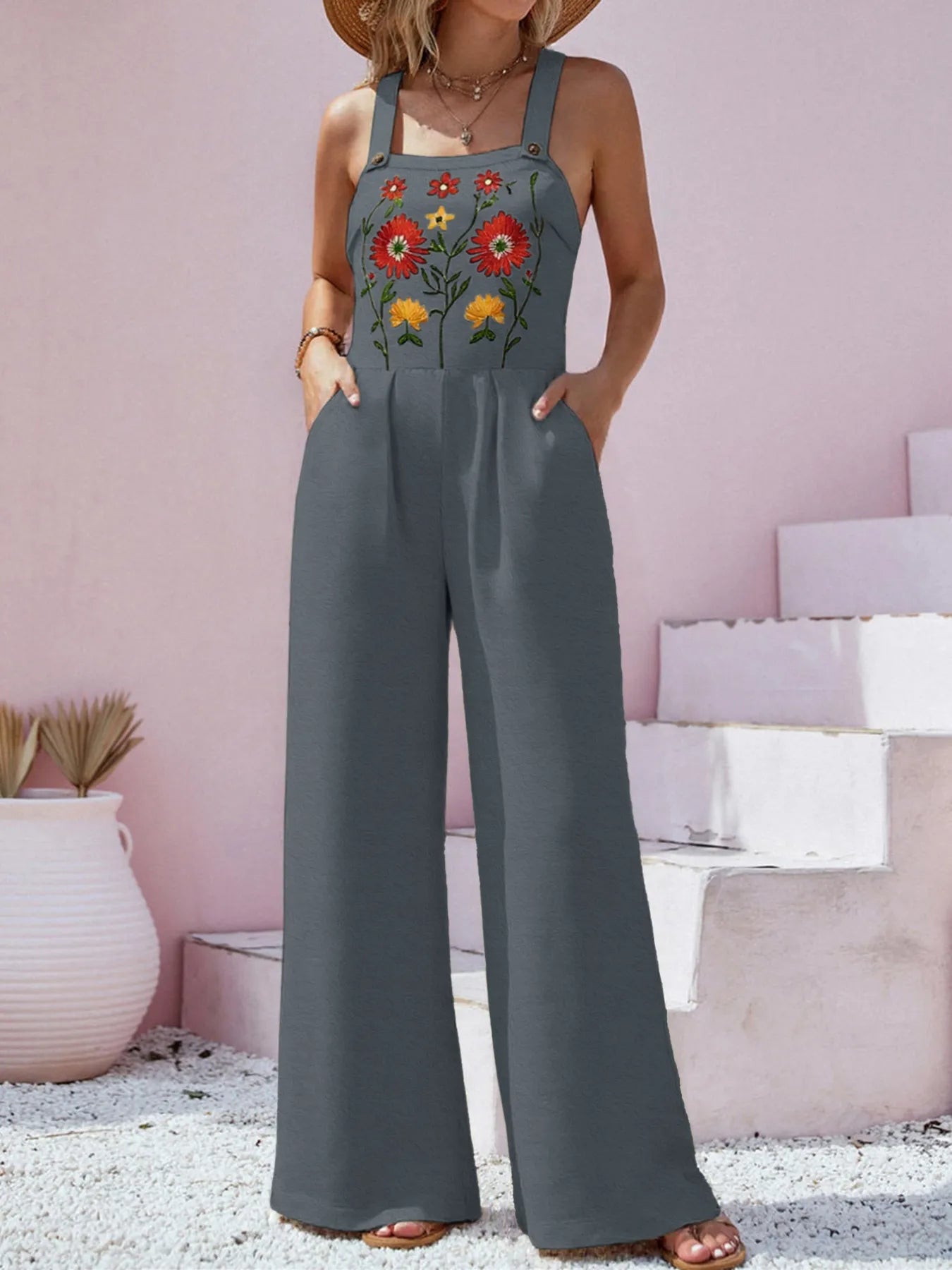 Floral Embroidered Wide Leg Jumpsuit - MAD RUFFI