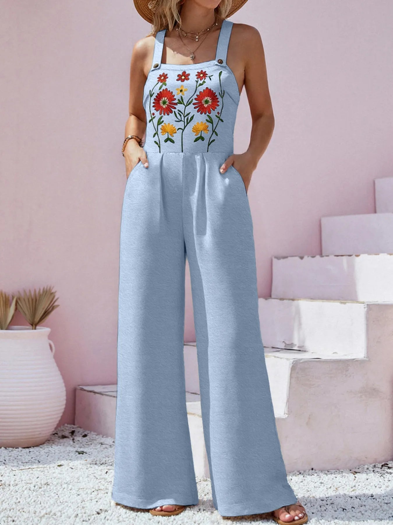 Floral Embroidered Wide Leg Jumpsuit - MAD RUFFI