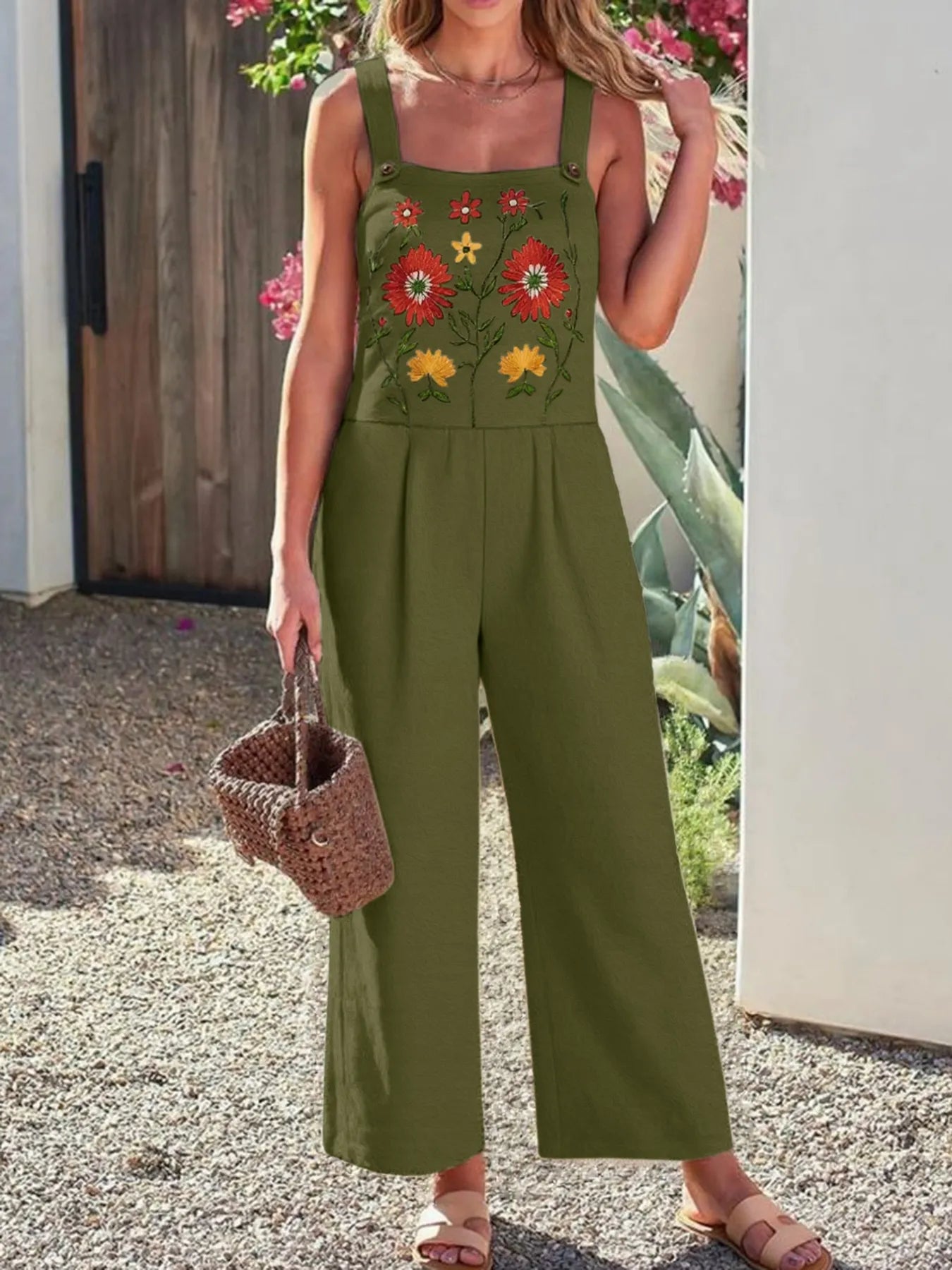 Floral Embroidered Wide Leg Jumpsuit - MAD RUFFI