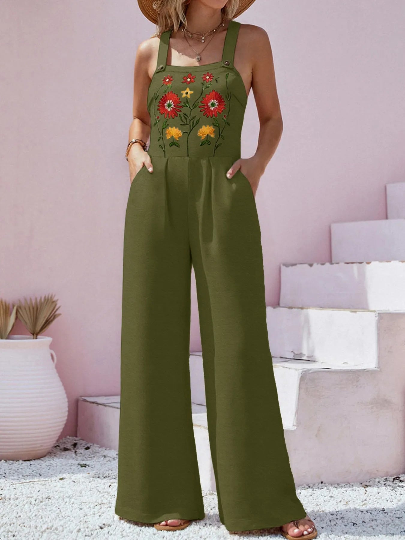 Floral Embroidered Wide Leg Jumpsuit - MAD RUFFI