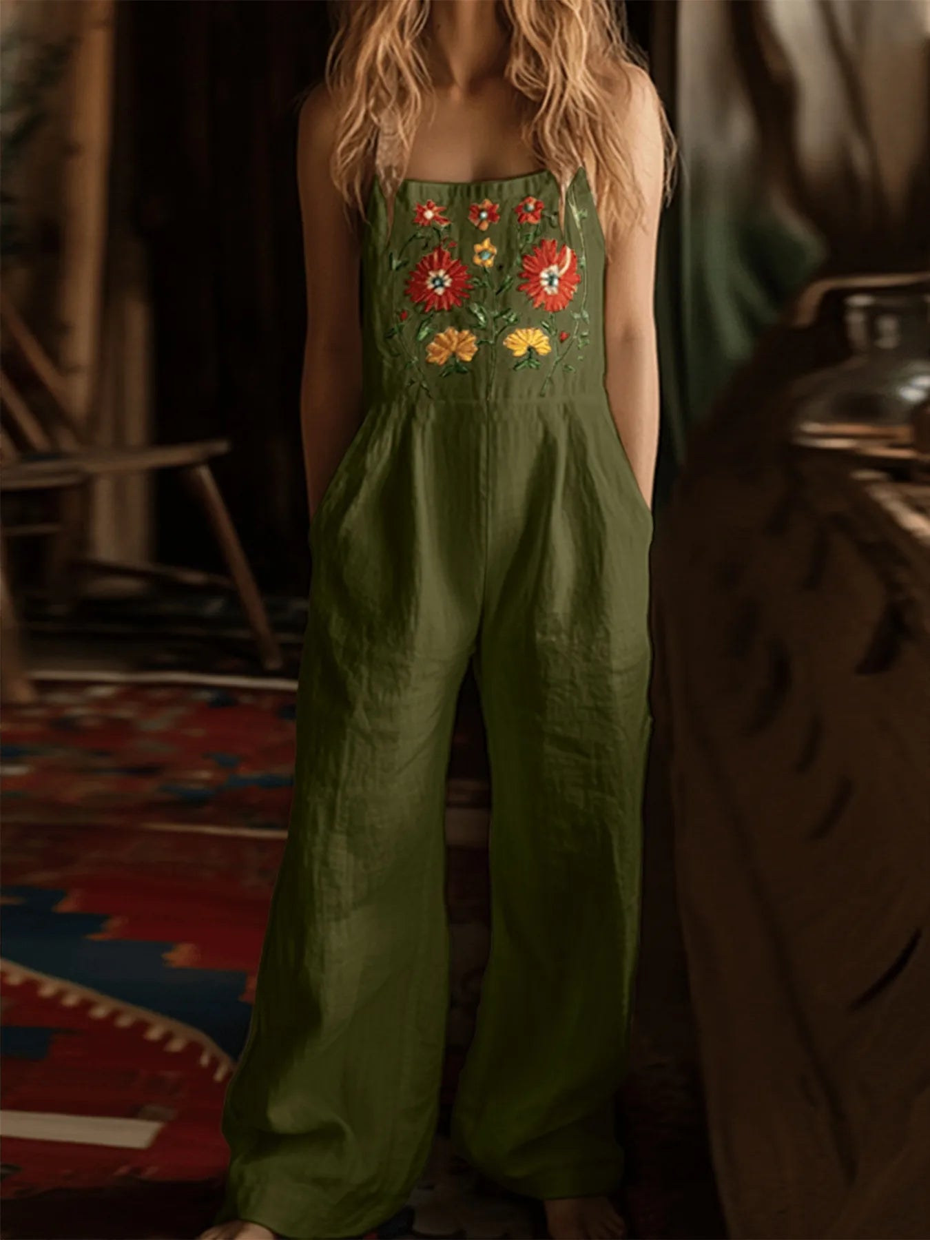 Floral Embroidered Wide Leg Jumpsuit - MAD RUFFI