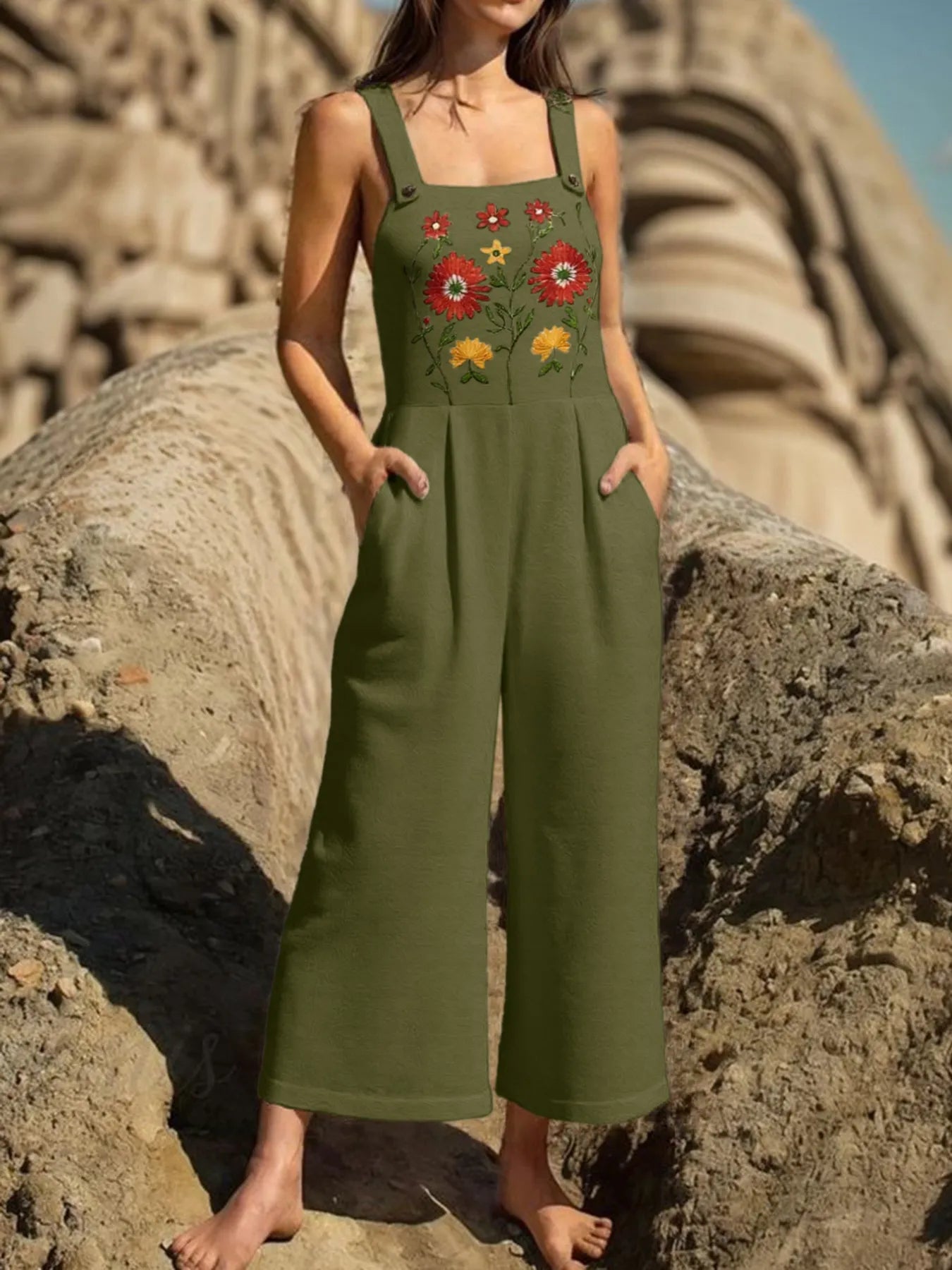 Floral Embroidered Wide Leg Jumpsuit - MAD RUFFI