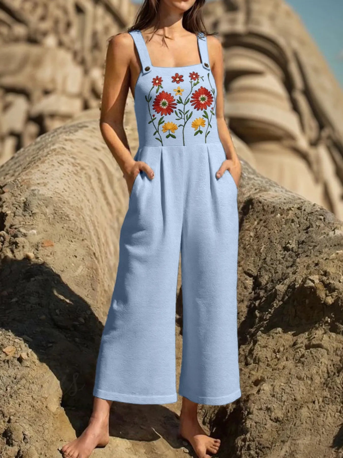 Floral Embroidered Wide Leg Jumpsuit - MAD RUFFI