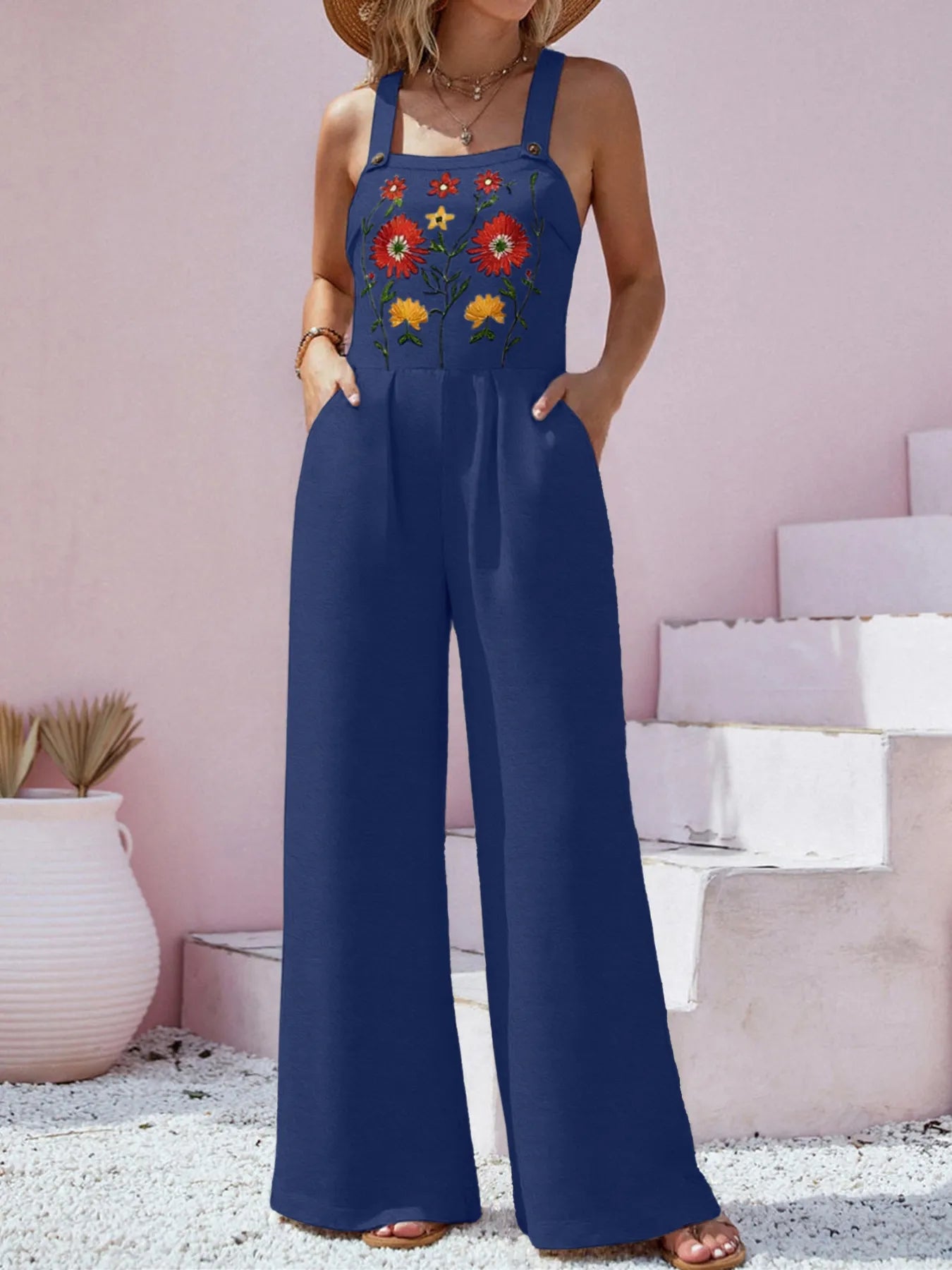 Floral Embroidered Wide Leg Jumpsuit - MAD RUFFI