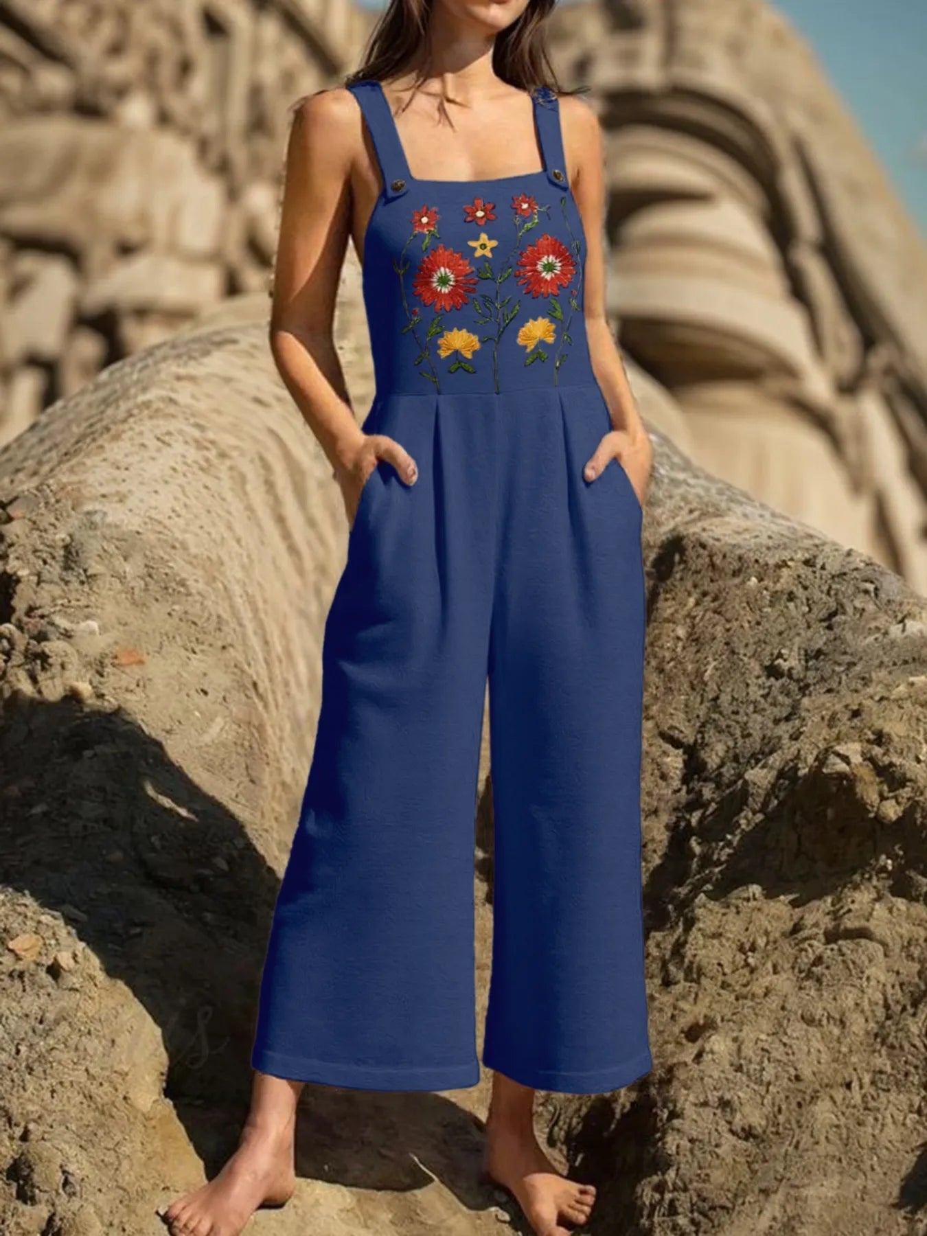 Floral Embroidered Wide Leg Jumpsuit - MAD RUFFI