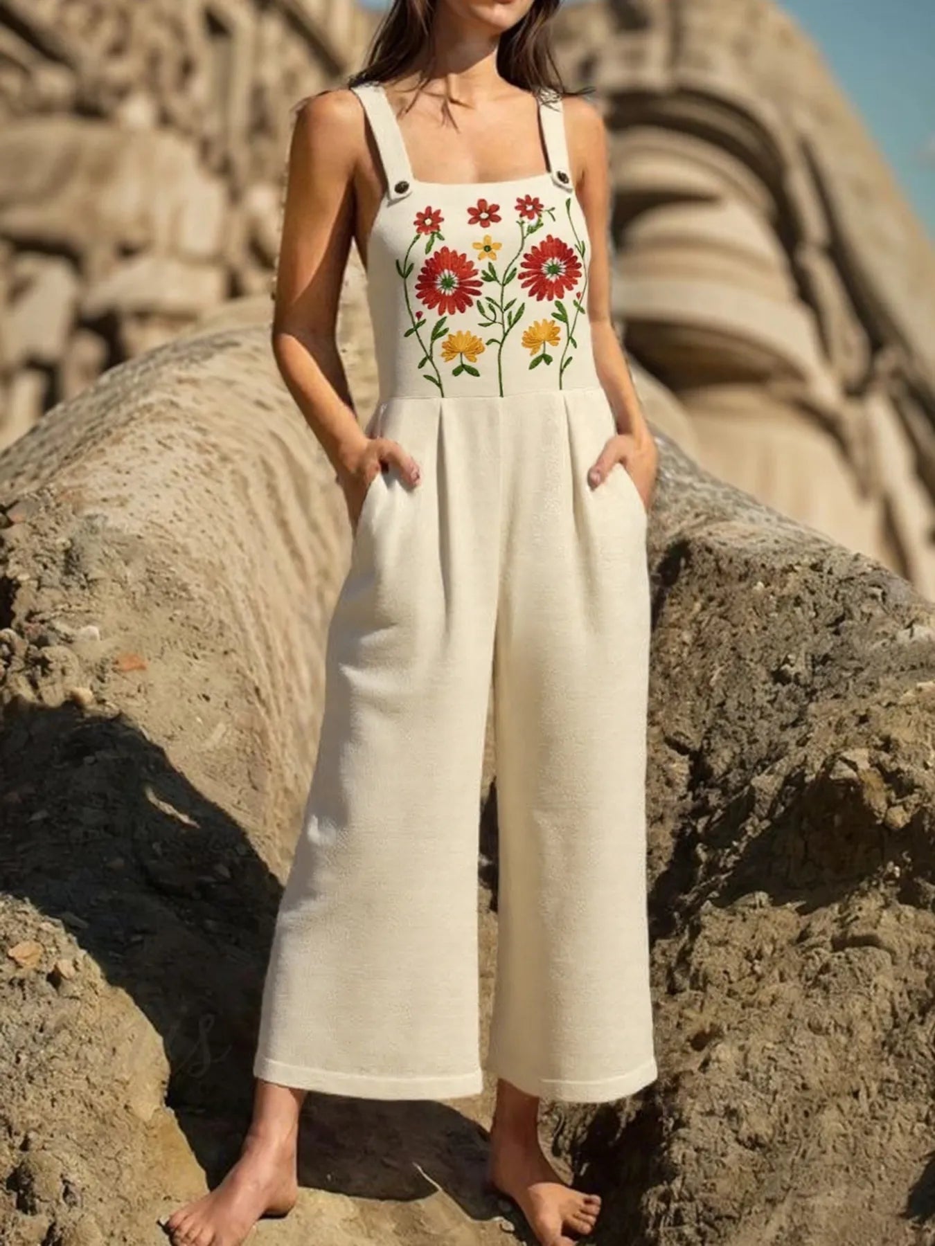 Floral Embroidered Wide Leg Jumpsuit - MAD RUFFI