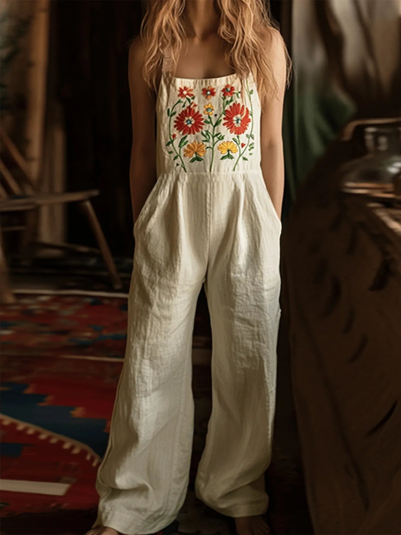 Floral Embroidered Wide Leg Jumpsuit - MAD RUFFI