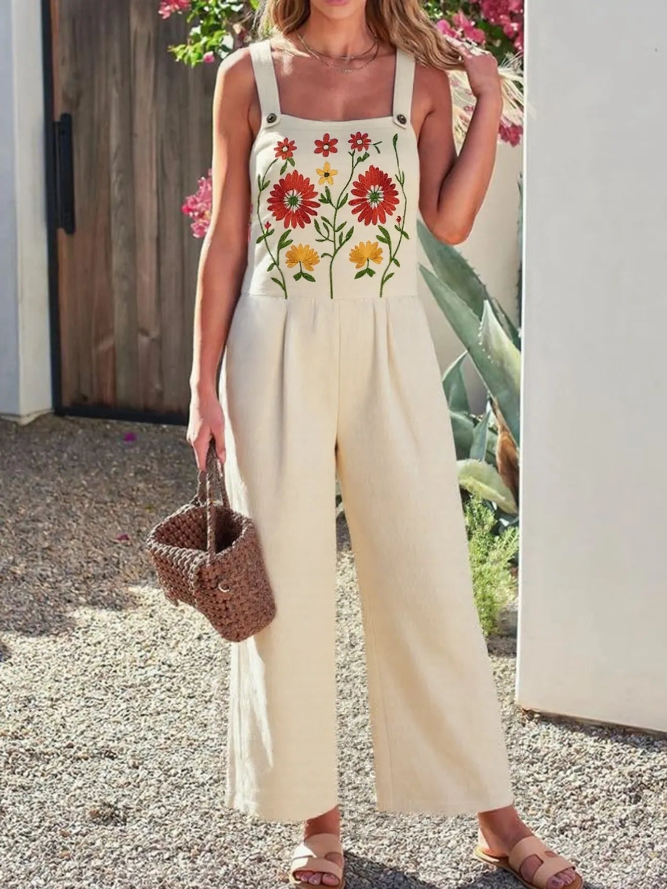 Floral Embroidered Wide Leg Jumpsuit - MAD RUFFI