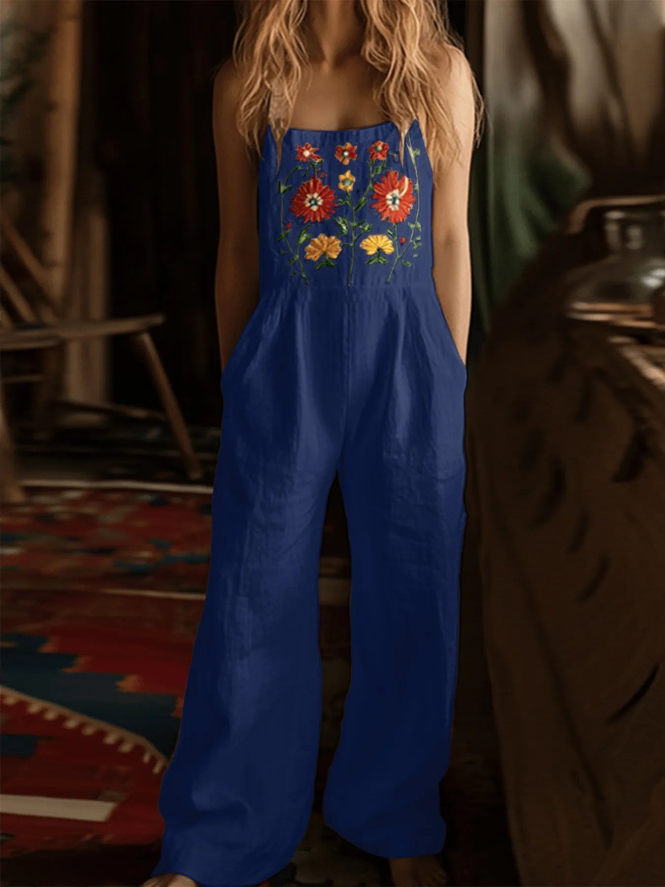 Floral Embroidered Wide Leg Jumpsuit - MAD RUFFI