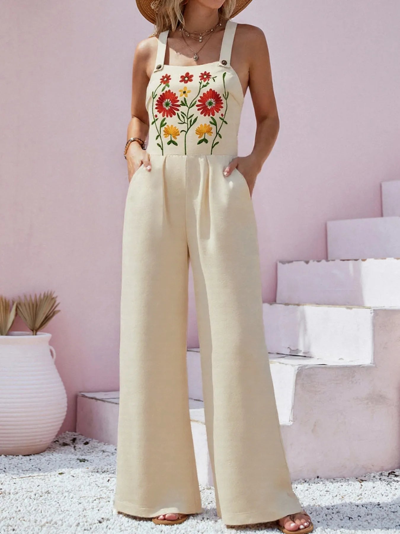 Floral Embroidered Wide Leg Jumpsuit - MAD RUFFI