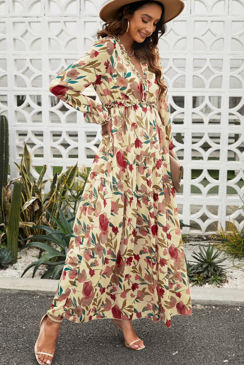 Floral Frill Trim Flounce Sleeve Plunge Maxi Dress - MAD RUFFI