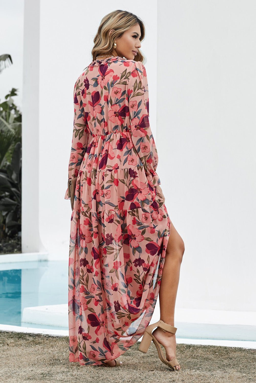 Floral Frill Trim Flounce Sleeve Plunge Maxi Dress - MAD RUFFI