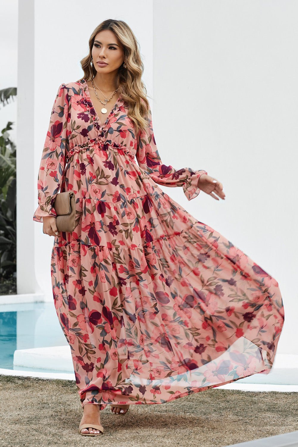 Floral Frill Trim Flounce Sleeve Plunge Maxi Dress - MAD RUFFI